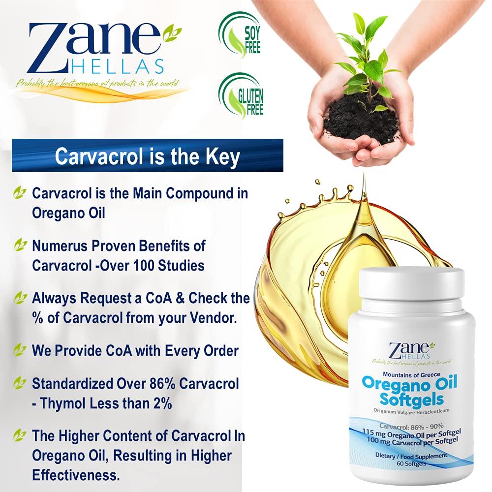 Zane HELLAS Probably the best oregano oil products Zane Hellas Oregano Oil Softgels. Extra Strength. Every Softgel Contains 20% Greek Essential Oil of Oregano. 100 mg Carvacrol per Softgel.60 Softgels.