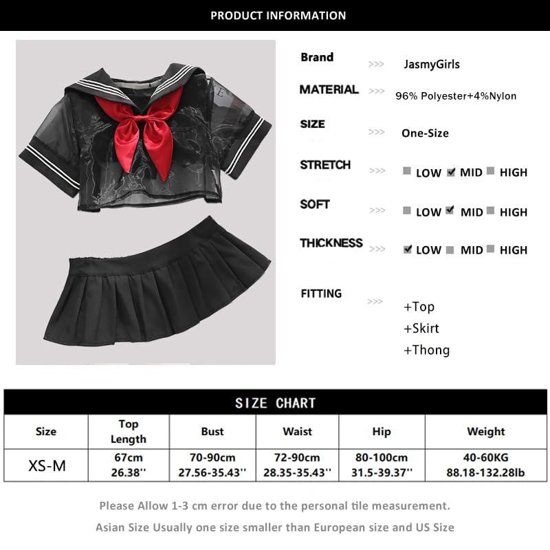 JasmyGirls Kadila Womens School Girl Outfit See Through Lingerie Set Anime Cosplay Costume Sailor Shirt Pleated Mini Skirt Underwear Black