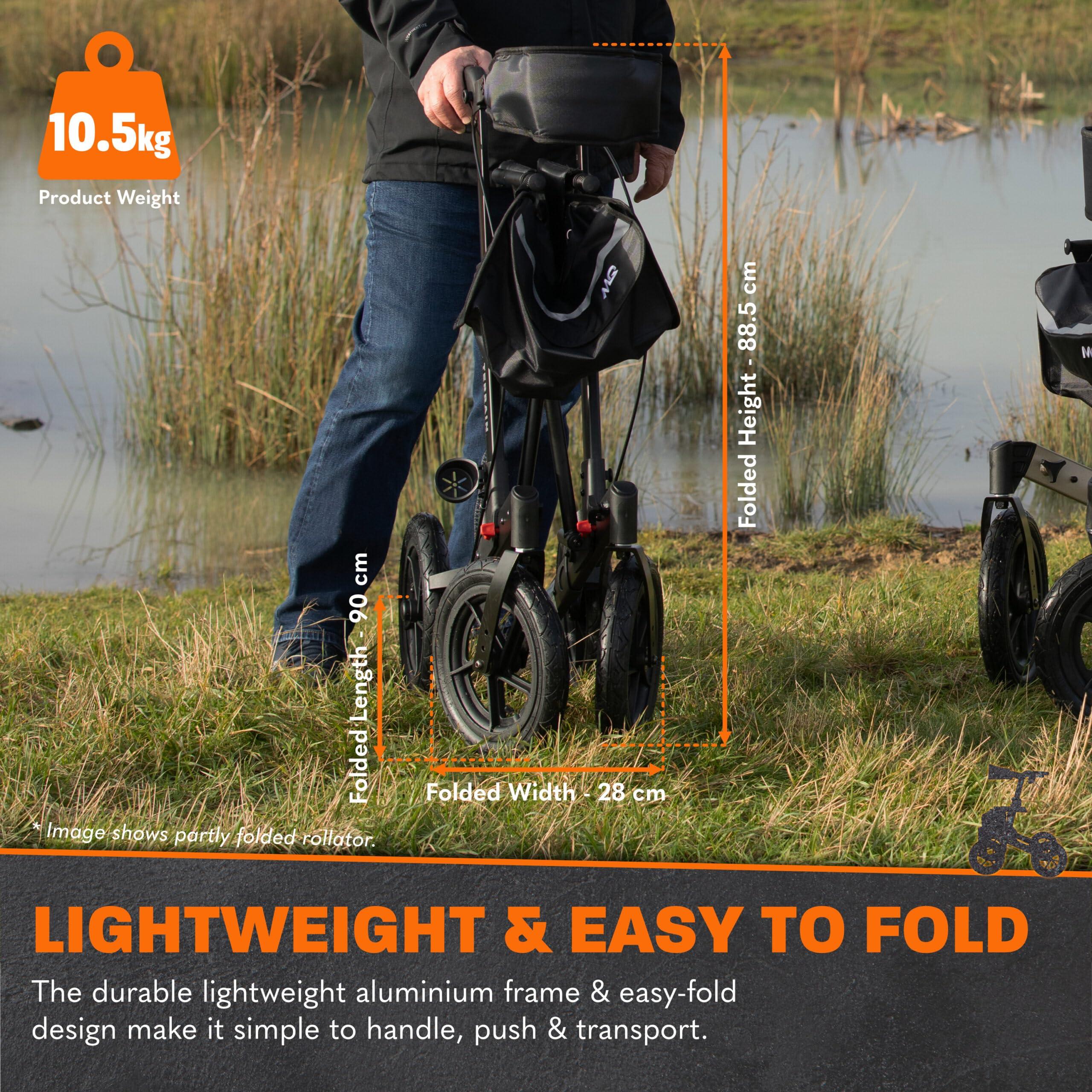 MobiQuip MobiQuip All Terrain 4 Wheel Walker with Seat, Folding Rollator with Large Wheels, Lightweight and Easy to Manoeuvre Over All Terrains, Walker for Adults Mobility or Walking Aid (Champagne)