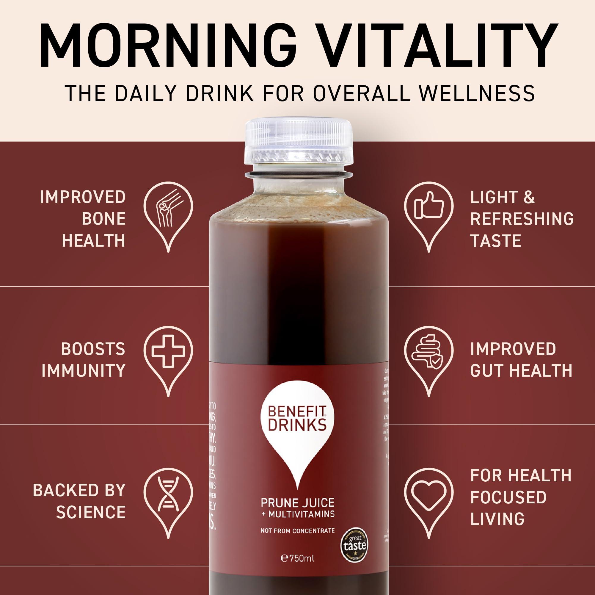 Benefit Drinks Benefit Drinks 100% Not from Concentrate Pure Prune Juice - 6 x 750ml Cartons - Prune Juice for Constipation with with Vitamin A,C and E- Health Foods - Healthy Drinks