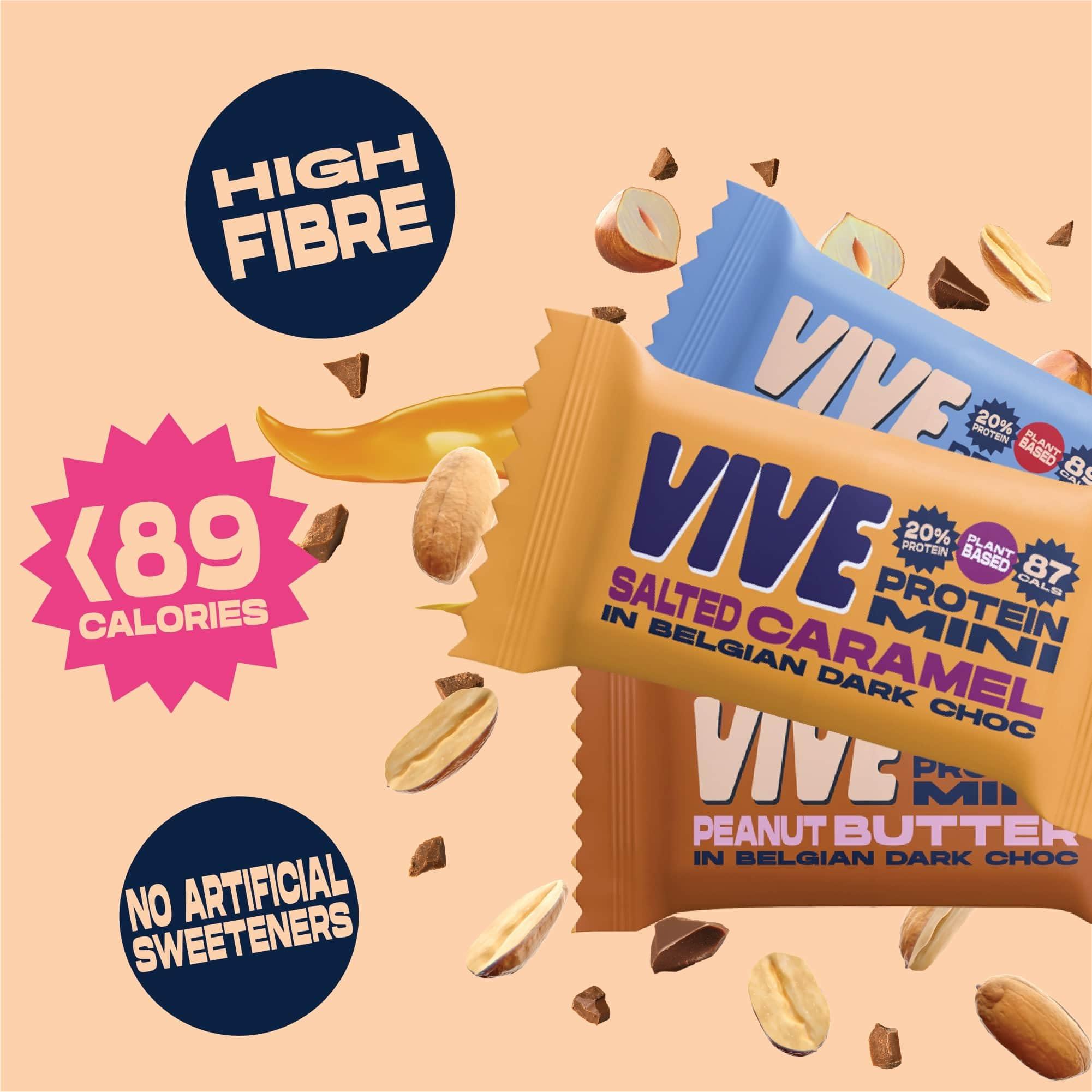 Vive Vive Dark Chocolate Coated Mixed Box Protein Bites - Gluten Free and Vegan - High Fibre Mini Protein Bars - Pack of 21