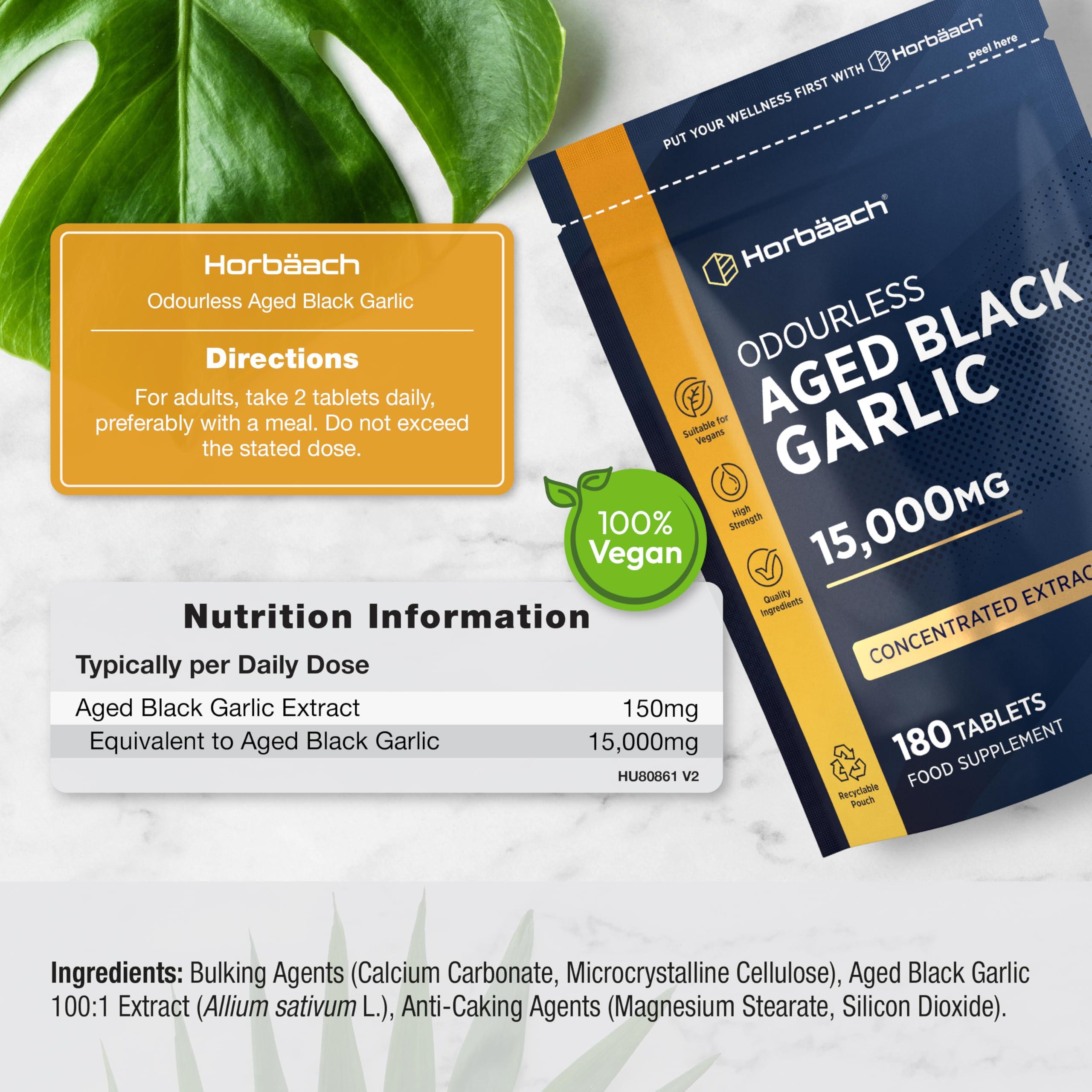 Horbach Black Garlic Tablets 15000mg | 180 Count | High Strength Odourless Concentrated Garlic Extract | Aged Black Garlic Vegan Supplement | by Horbaach