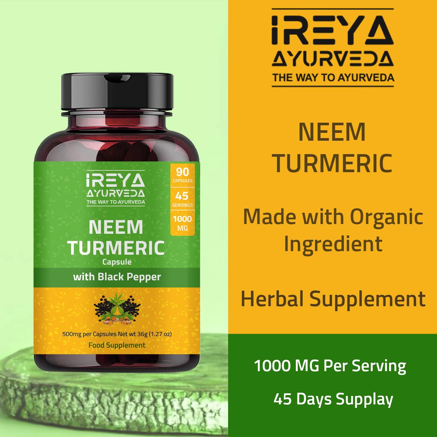 Ireya Ayurveda Neem Turmeric Capsules with Black Pepper Neem Herbal Supplement, Ayurvedic Herbal Cleanser, Detoxification, Enhances skin Health and Immunity (90 Capsules)