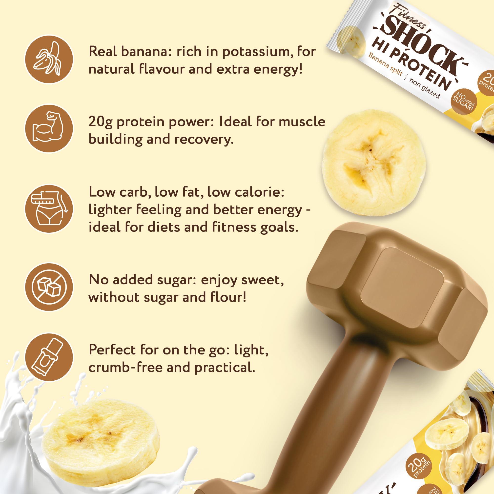 FitnesSHOCK FitnesSHOCK High Protein Bars - High 20G Protein Content Protein Bar With No Added Sugar, Low Calorie Low Carb High Fibre, Banana Split Flavour 12Pcs 60G
