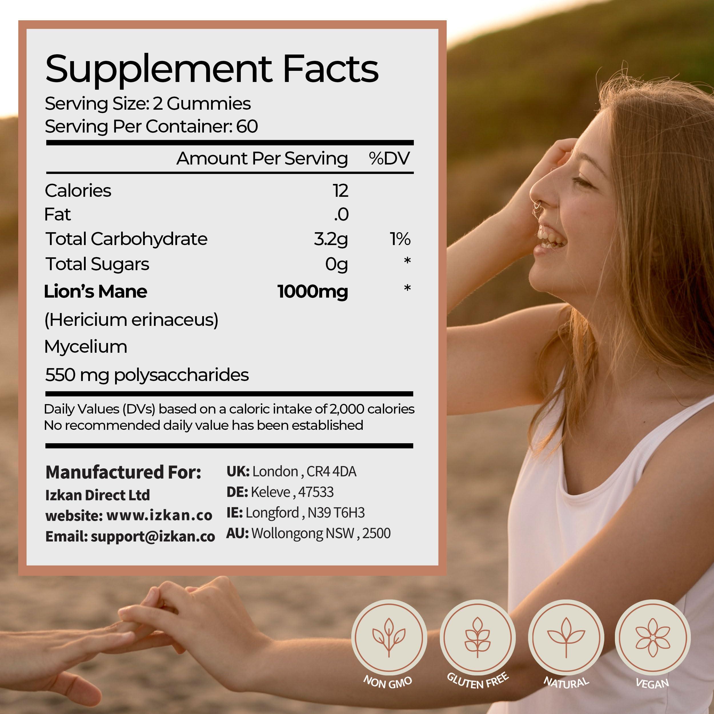 Izkan Mushroom Gummies 1000mg - Lion Mane Mushroom Gummies Supplement Promotes Focus, Memory, and Mood - 60 Count (Mixed Berry Flavor, Halal, Gluten-Free, Vegan) (2)