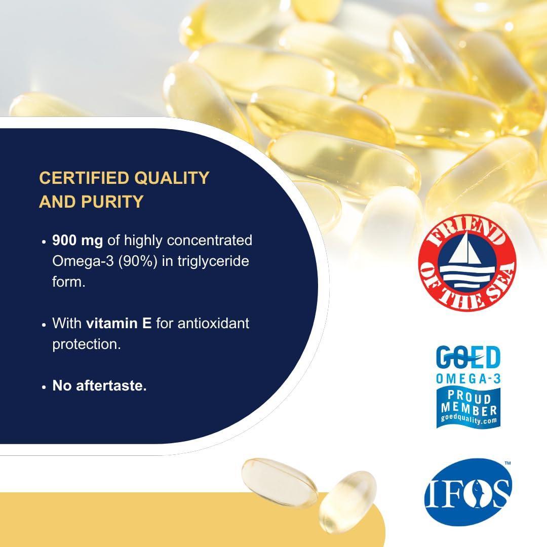 OMEGOR OMEGOR Vitality 1000-90 Capsules - Omega-3 with 800mg EPA/DHA per Capsule | The Only Omega-3 IFOS 5-Star Certified Since 2006 | 90% Omega-3 in rTG Form | High Dosage EPA and DHA