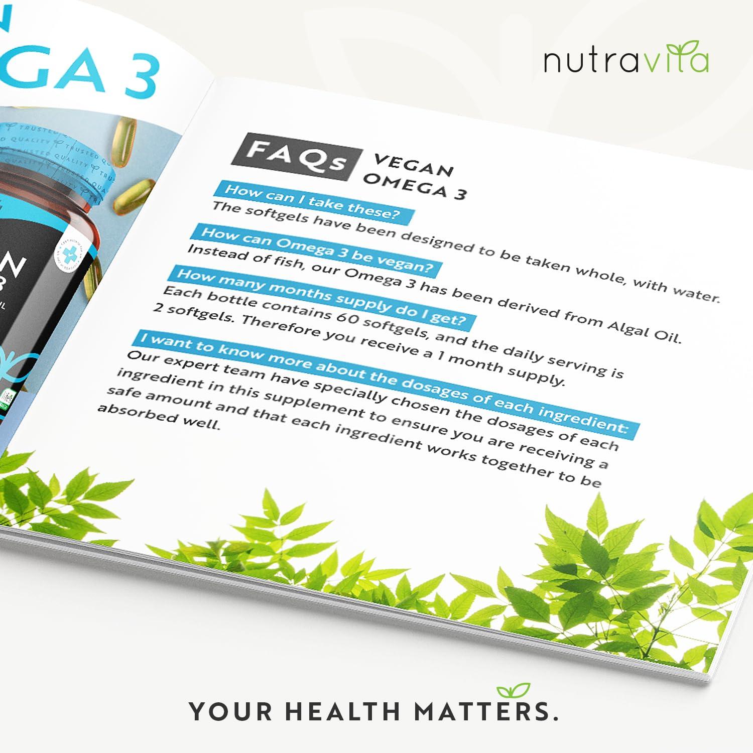 Nutravita Vegan High Strength Omega 3 2000mg Soft Gels - 600mg DHA & 300mg EPA per Serving - Plant-Based Omega 3 Softgels Derived from Sustainable Algal Oil - 60 Vegan Softgels - Made in The UK by Nutravita