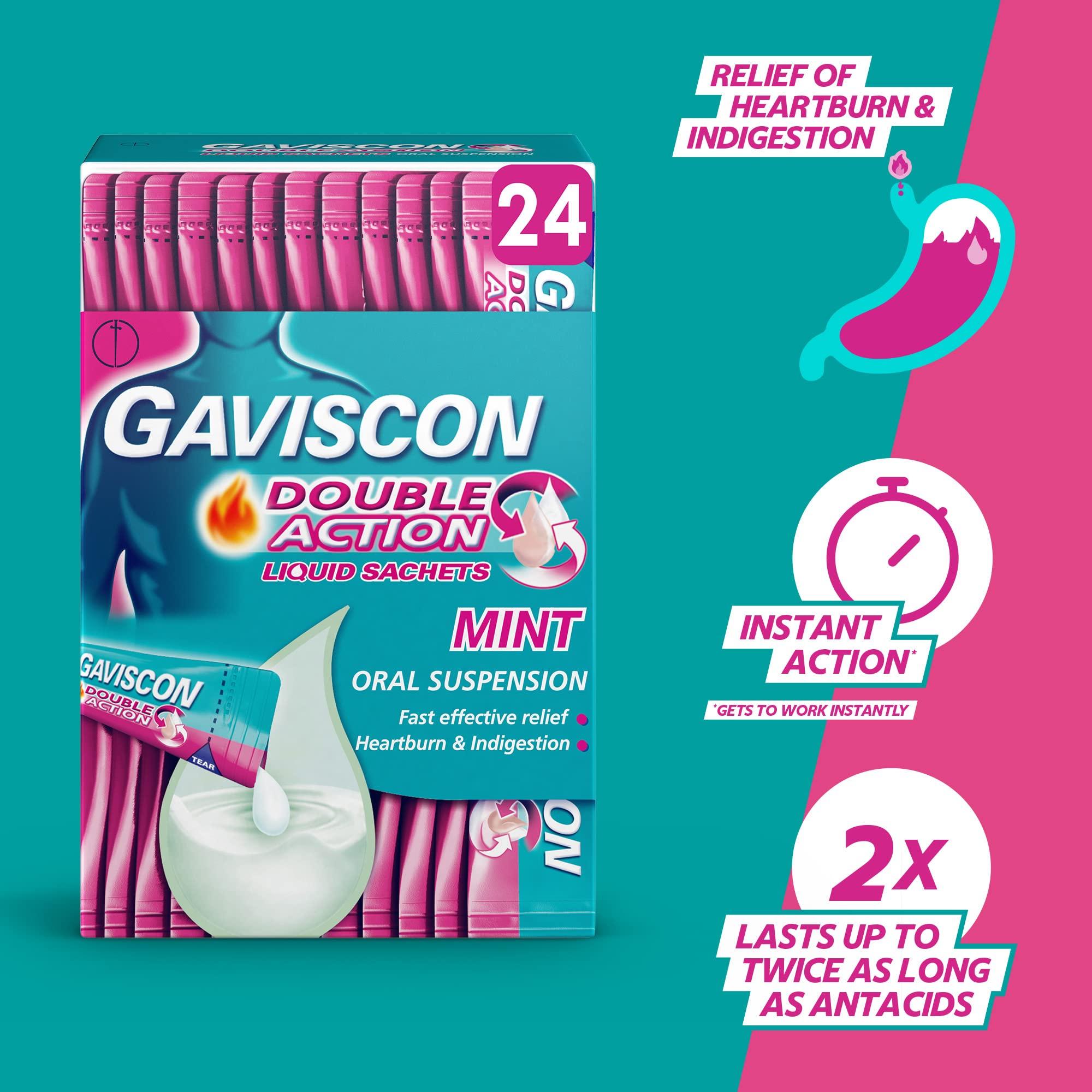 Gaviscon Gaviscon Double Action Sachets, Mint, 24 X 10ml, Heartburn Relief, Acid Reflux, Indigestion Liquid Gerd, Gastro Resistant, Gets To Work Instantly, Lasts 2X Longer, Antacids, Digestion and Nausea