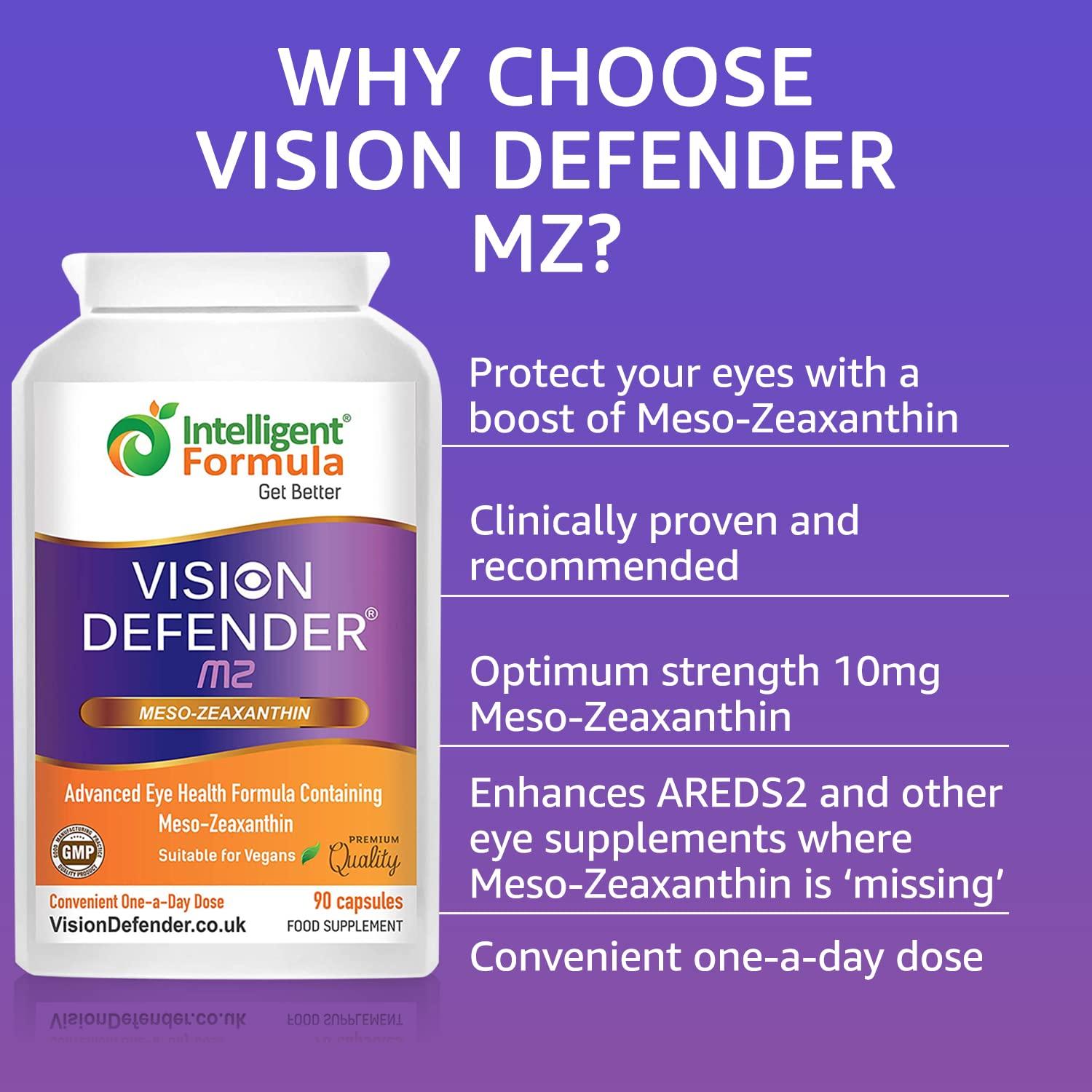 Intelligent Formula Meso Zeaxanthin Supplement - VISION DEFENDER MZ High Strength Eye Vitamins Nutrients & Antioxidant Carotenoid for Ocular Health, Eye Care & Eyesight Support Vegan (90 capsules/One-A-Day) Made in UK