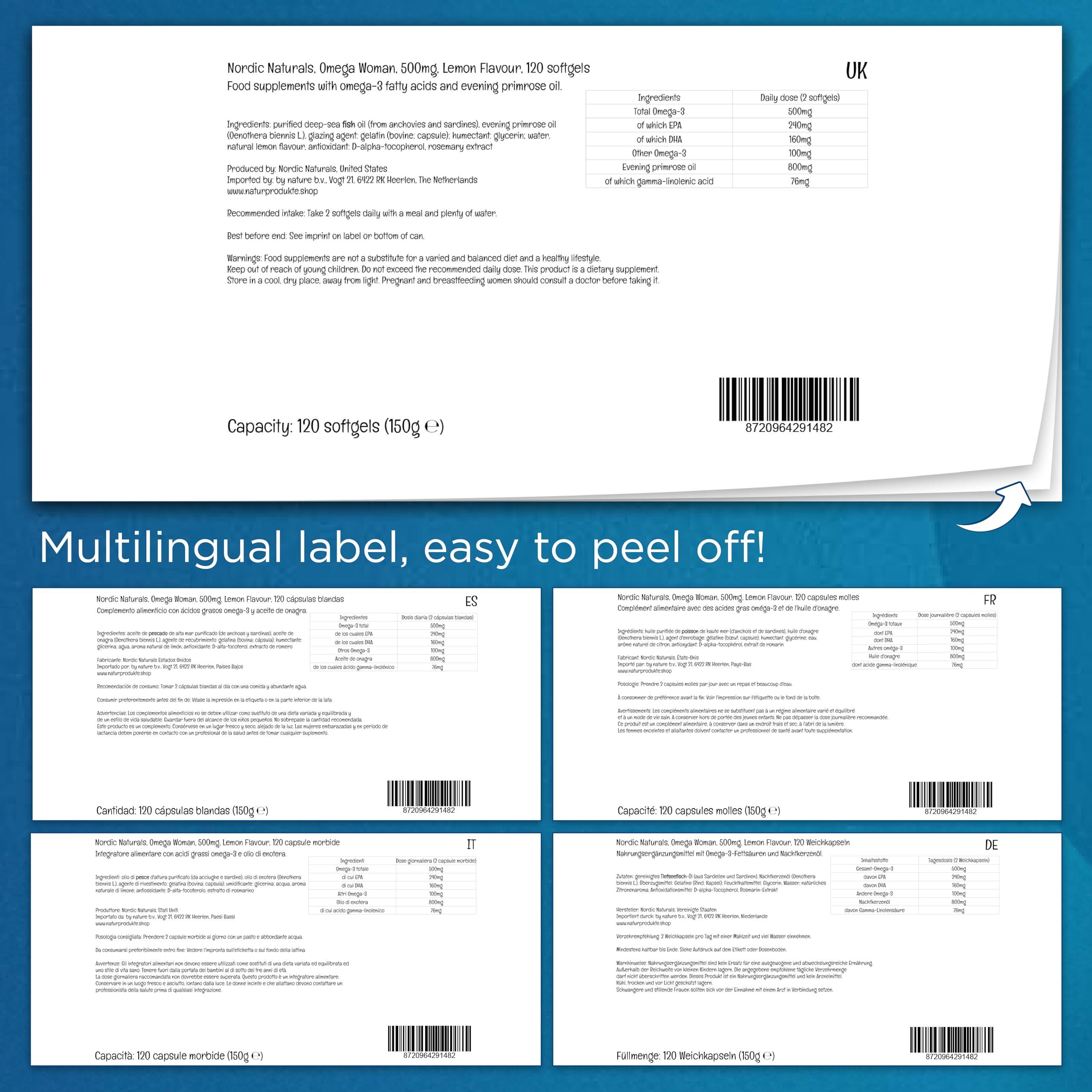 Nordic Naturals Nordic Naturals, Omega Woman, 500mg Omega-3, with Evening Primrose Oil, Highly Dosed, Lemon Flavour, 120 Softgels, Soy-Free, Gluten-Free, Non-GMO