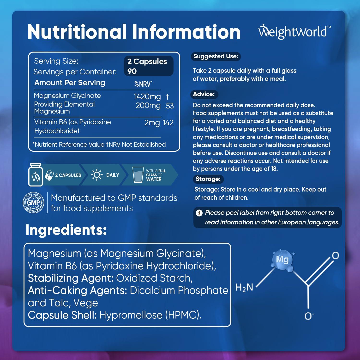WeightWorld Magnesium Glycinate with Vitamin B6-1420mg Pure Magnesium Bisglycinate Powder Capsules - 180 Magnesium Bisglycinate Capsules - 3 Months Supply - High-Strength Magnesium Supplements