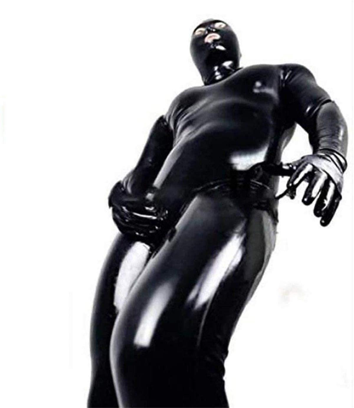 BERMEL BERMEL Men Bodysuit Shiny Patent Black Leather cat Suit Full Body Sexy Latex Tight Zipper Jumpsuit Rubber Clothing (M)