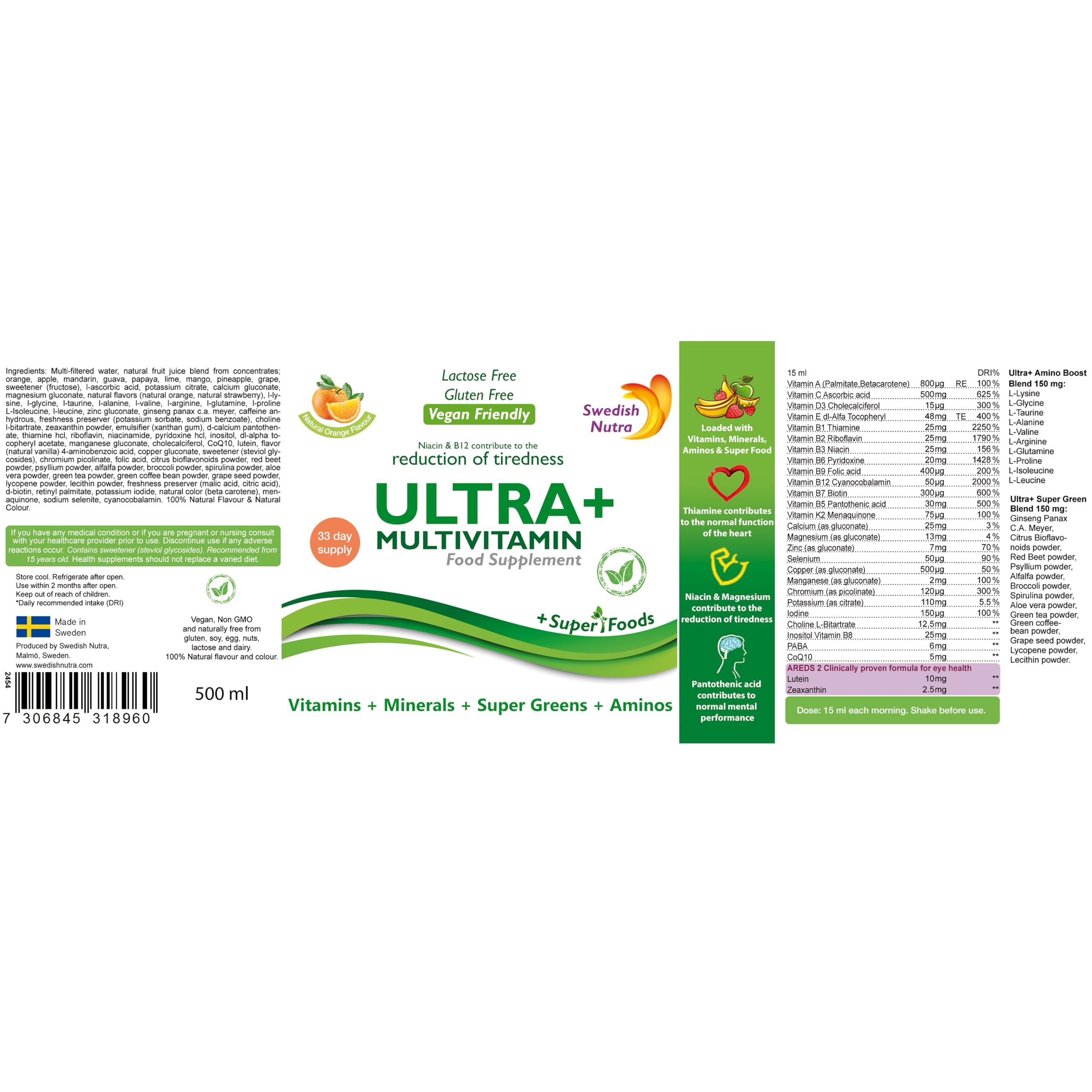 Swedish Nutra Swedish Nutra - Ultra+ Multivitamin Liquid Food Supplement - Pack of 500 ml, 33 Day Supply | Packed with Vitamins, Minerals, Super Greens and Aminos to Boost Energy & Immunity I Natural Orange Flavour