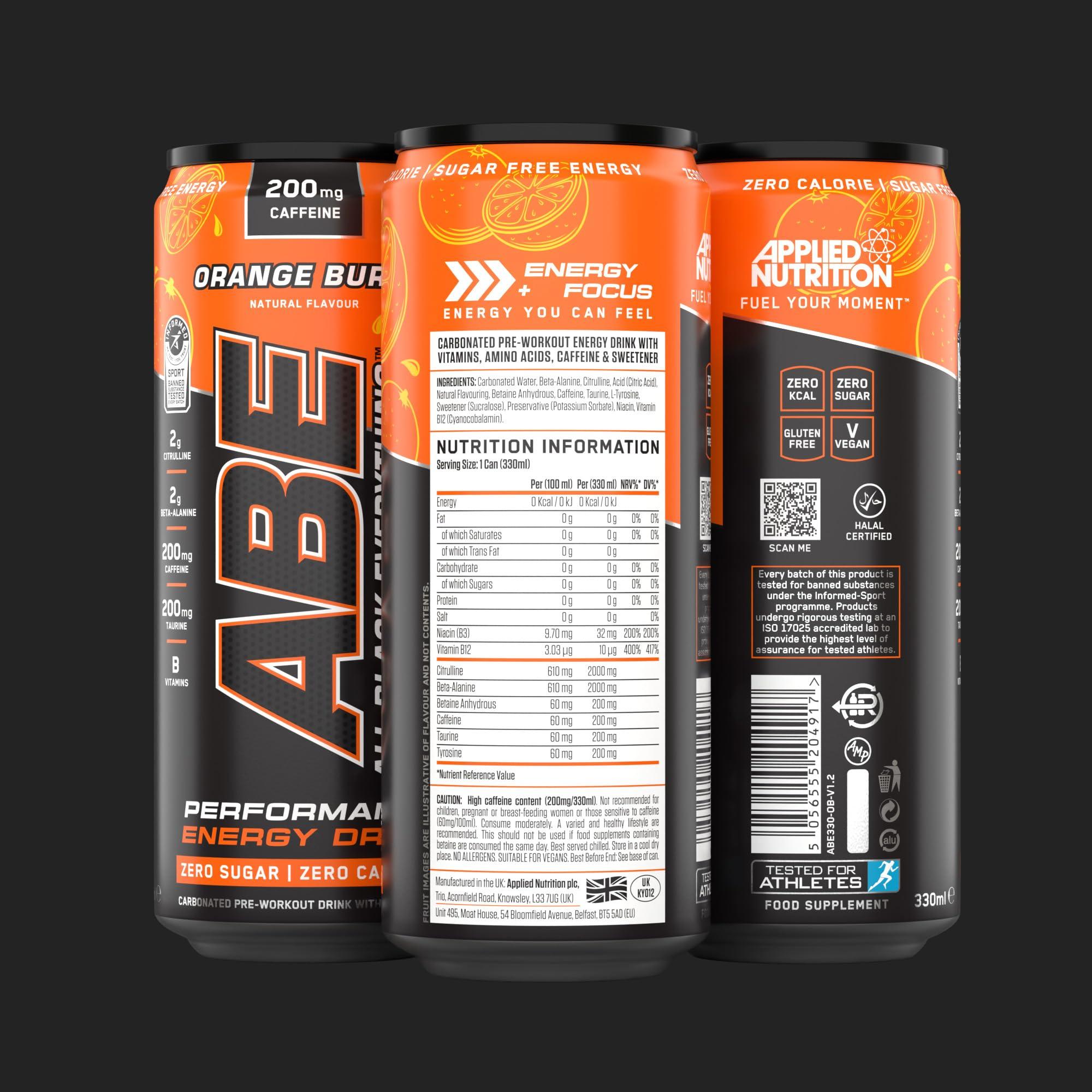 Applied Nutrition Applied Nutrition ABE Pre Workout Cans - All Black Everything Energy + Performance Drink, ABE Carbonated Beverage Sugar Free with Caffeine (Pack of 24 Cans x 330ml) (Orange Burst)