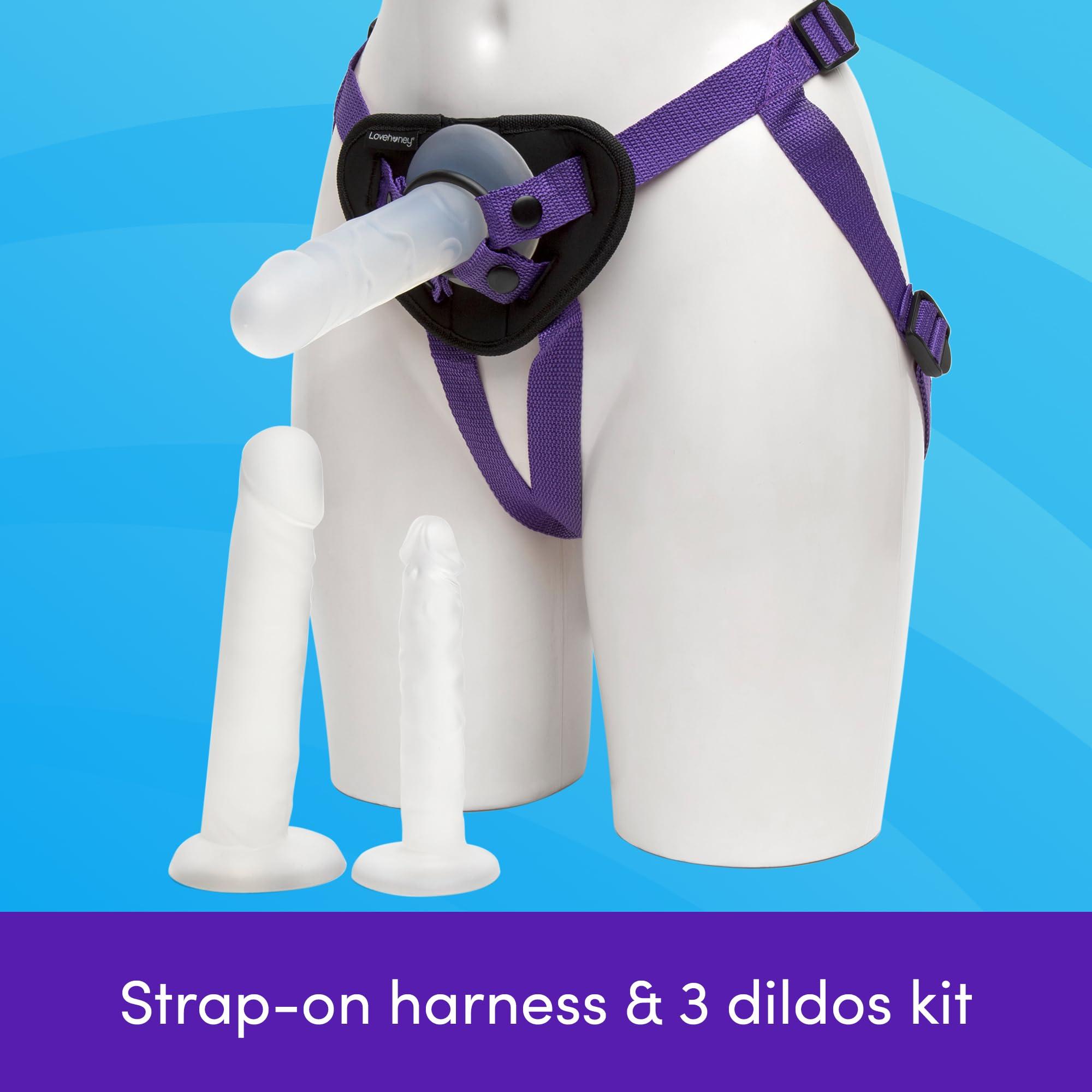 Lovehoney Lovehoney Triple Strap On Harness Kit - 3 Clear Strap On Dildos for Couples - 2 x 6 Inch & 1 x 8 Inch Slimline Dildos with Suction Cups - Includes 3 O-Rings - Adjustable Harness - Purple/Black