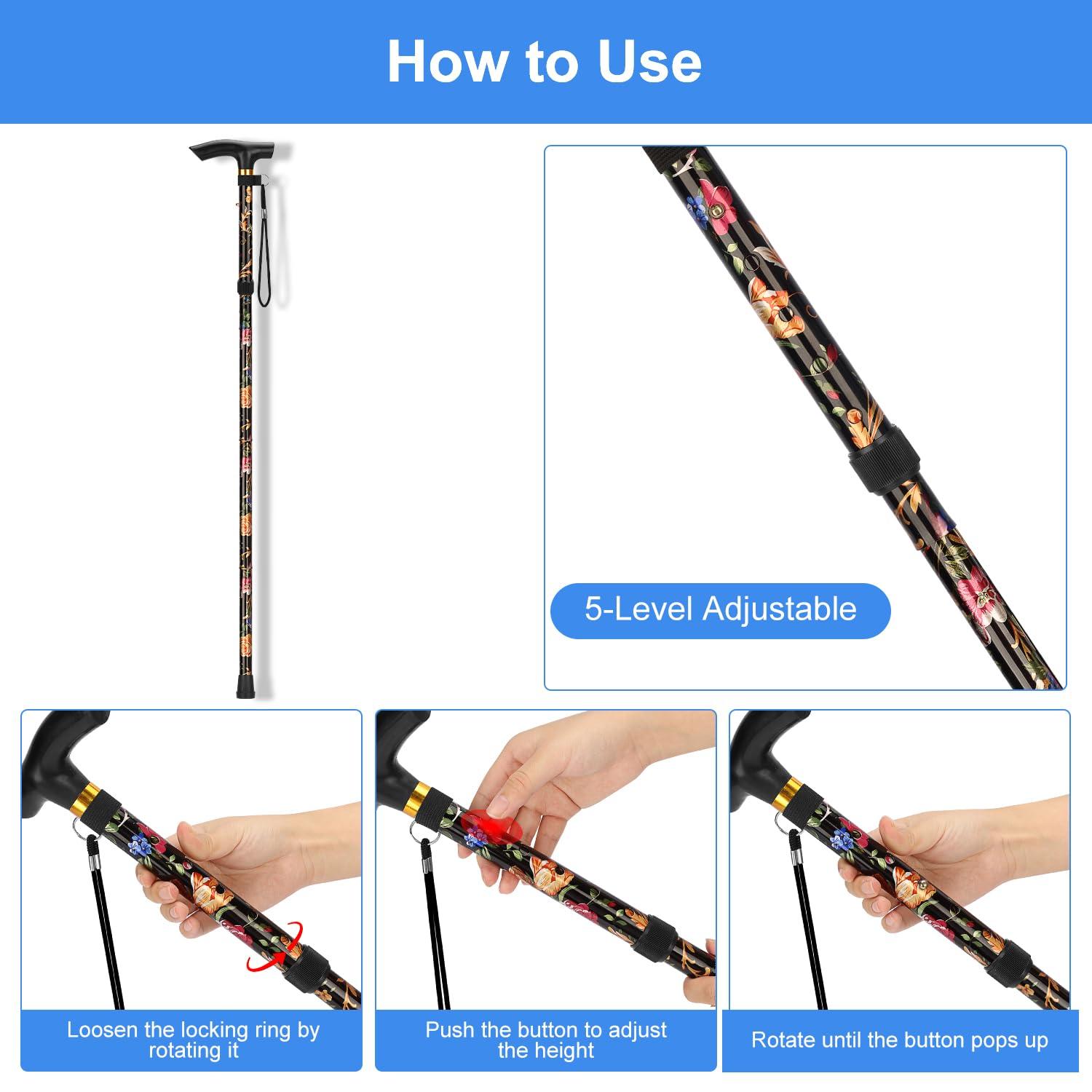 supregear supregear Walking Stick - Adjustable Folding Walking Sticks for Women and Men - Lightweight Portable Collapsible Balancing Aid - Travel Cane for Ladies Elderly Adults, Black Floral