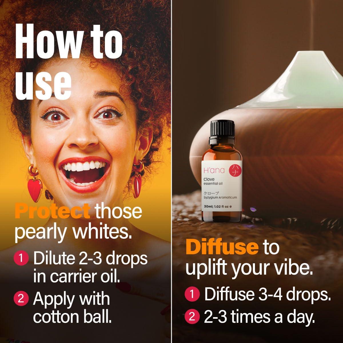 H'ana Hana Clove Oil for Tooth Aches & Pain Relief - 100% Pure and Natural Clove Essential Oil - Therapeutic Grade Clove Oil Essential Oil - Clove Oil for Hair Growth, Skin, Teeth & Gums (30ml)