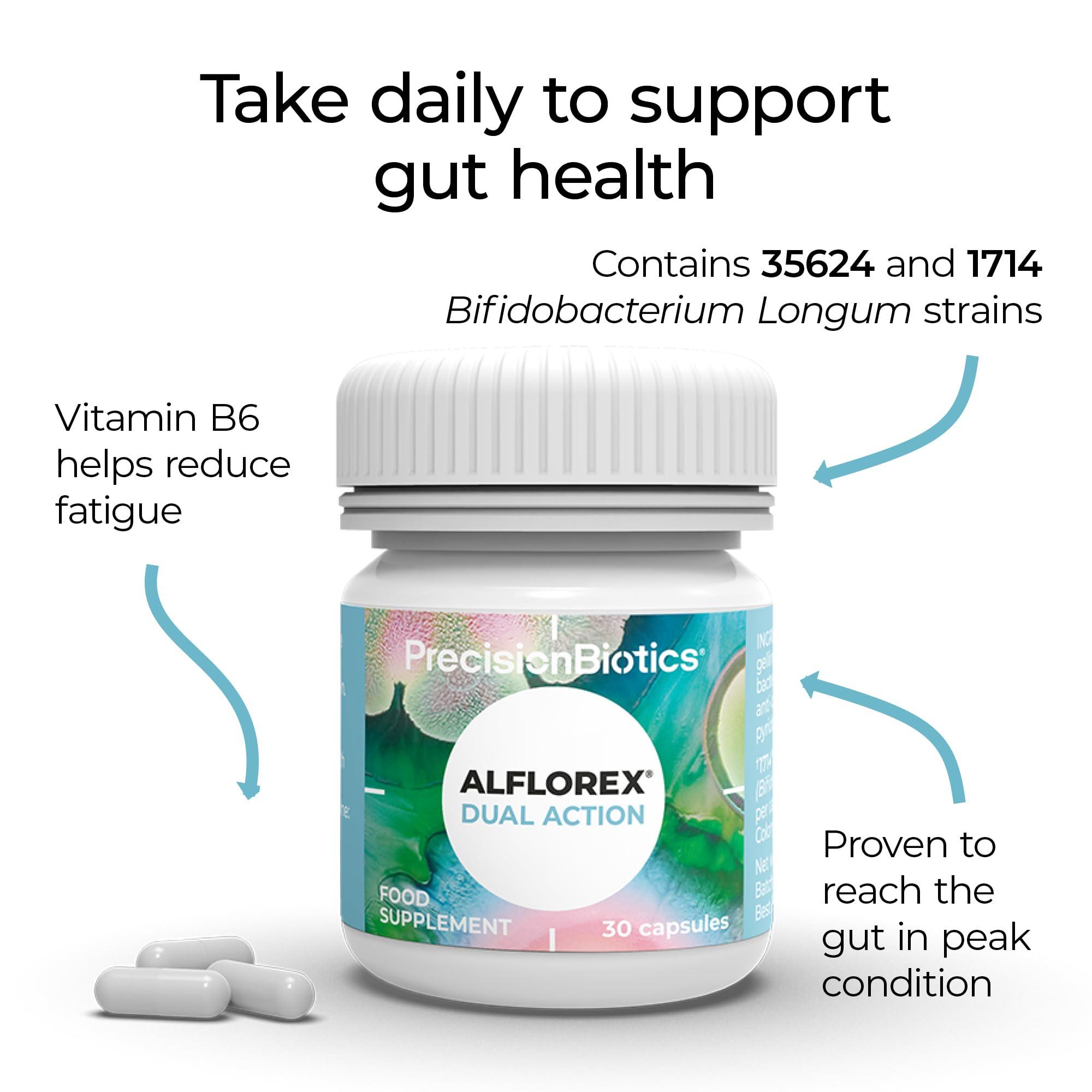 PrecisionBiotics Alflorex Dual Action - Daily Gut Health Probiotics Supplement with Unique Bifidobacterium Longum Bacteria strains 35624 and 1714 + Calcium + Vitamin B6 - Bacterial Cultures - 30 Capsules