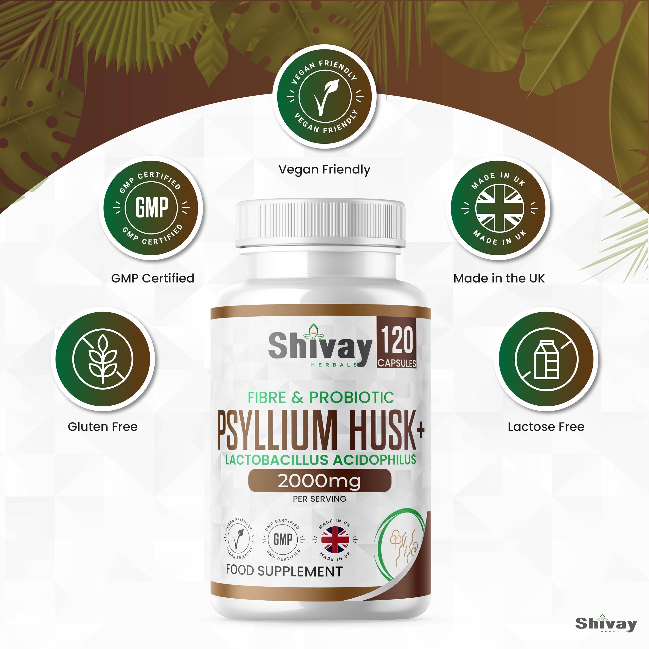 Shivay Herbals Psyllium Husk 2000mg + 200 Mcfu Lactobacillus Acidophilus Per Serving | Probiotics & Natural Soluble Fiber Supplement | 120 Vegan Capsules - 2 Month Supply | Made in The UK by Shivay Herbals