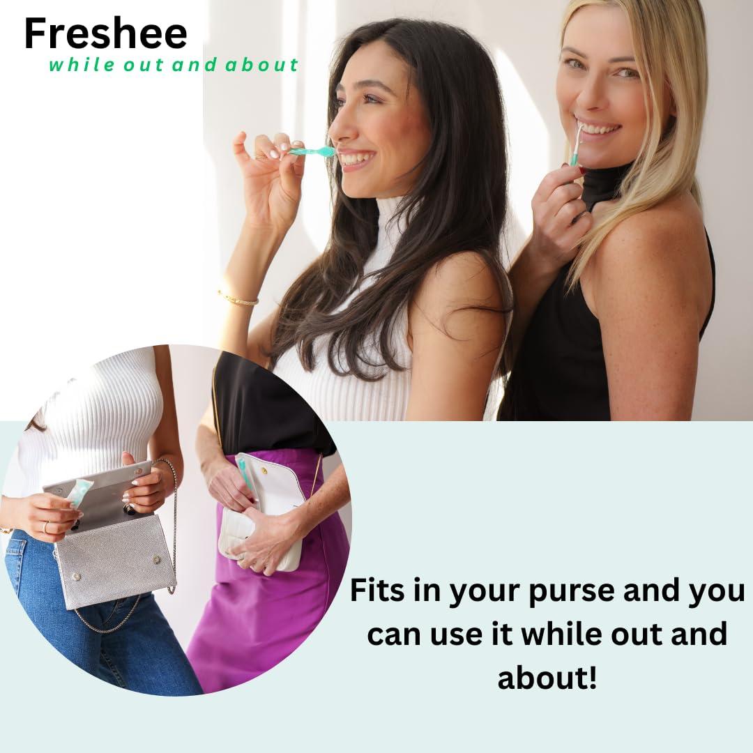 Freshee Freshee Bead - 5 in 1 Disposable Mini Toothbrush with Toothpaste + Floss + Pick + Tongue Scraper | Travel Size | Individually Wrapped | Soft | Extra Minty | Travel Set | Oral Care