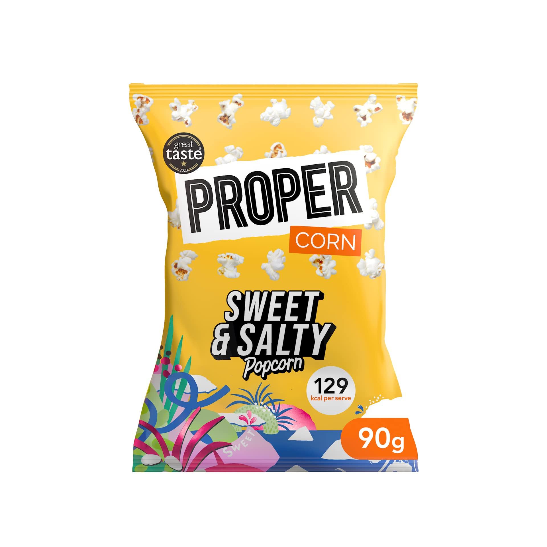 PROPER PROPERCORN Sweet & Salty Popcorn, 90g x 8, Sharing Bags, Natural Sea Salt and Demerara Sugar Seasoning, Vegetarian & Gluten-Free, 135 kcal per portion