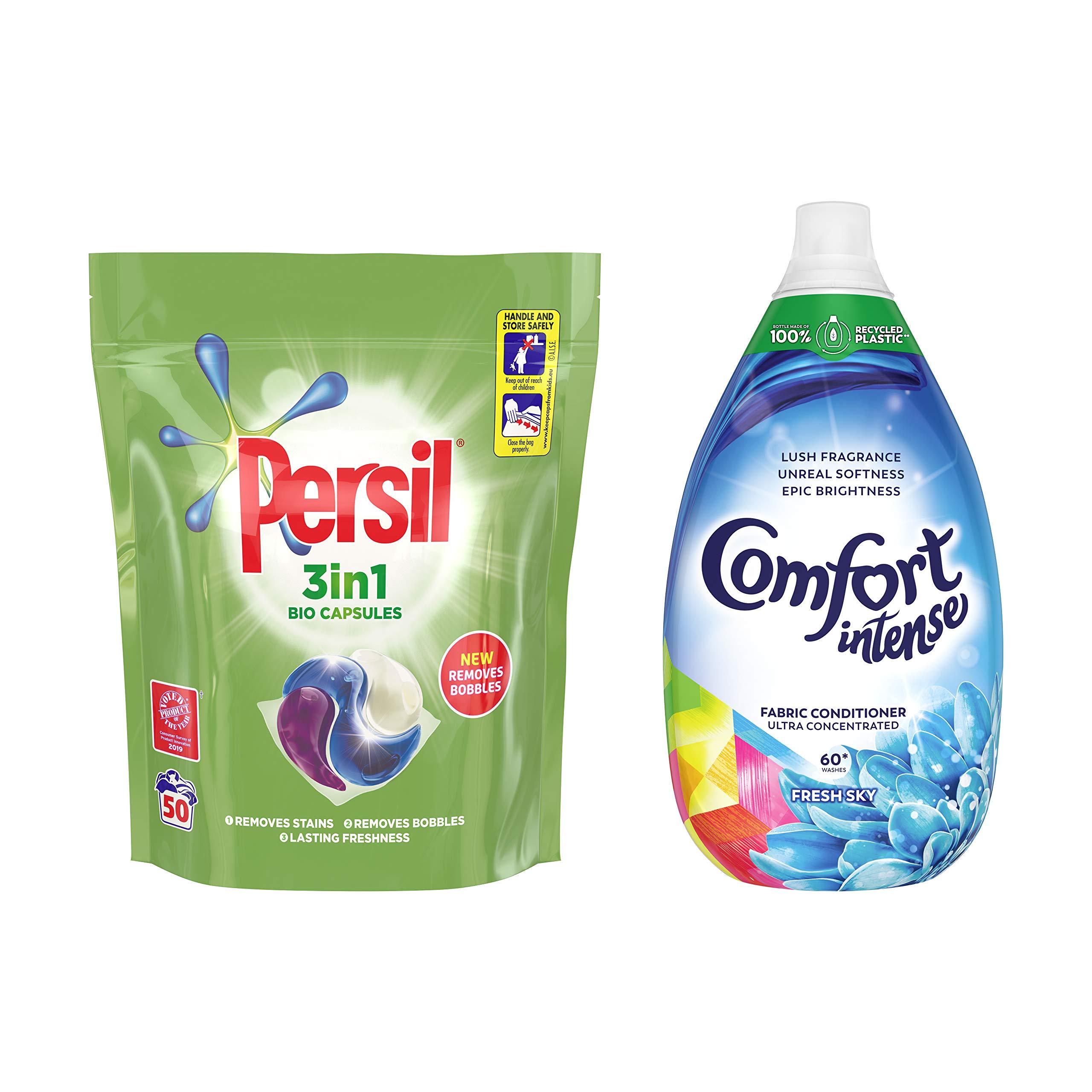 Persil Persil Bio Washing Detergent Capsules and Comfort Intense Fresh Sky Fabric Conditioner 3 month supply Perfect Clean Laundry Bundle 50 Washes