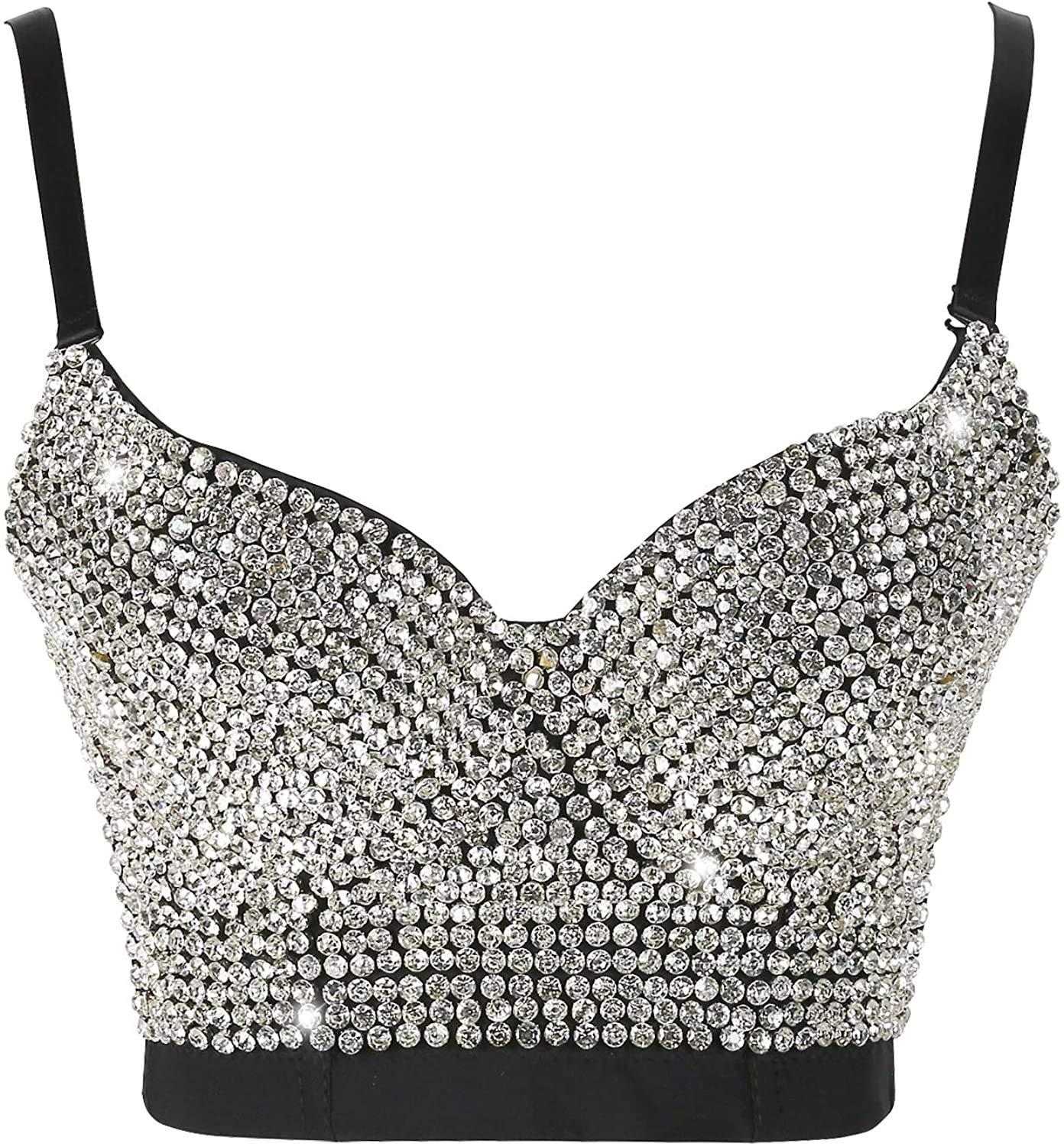 atokiss atokiss Women's Handmade Rhinestone Shining Diamond Push up Bustier Club Party Bra Cropped Top Vest (Black Silver Bottom, Small)