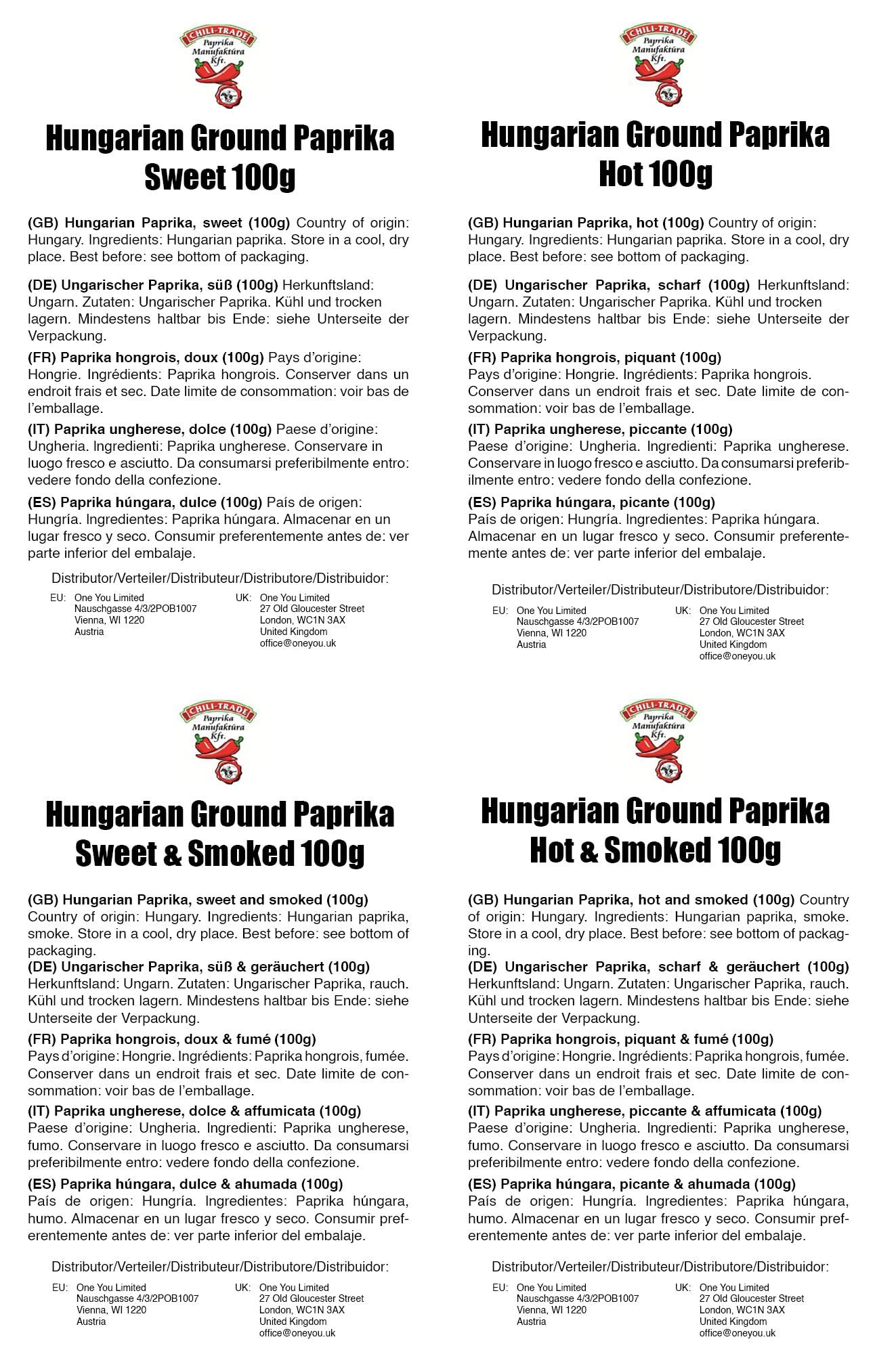 CHILI-TRADE Kft. Hungarian Paprika Selection in 4 flavours (4x100g) Sweet, Hot, Sweet Smoked, Hot Smoked, Imported from Hungary