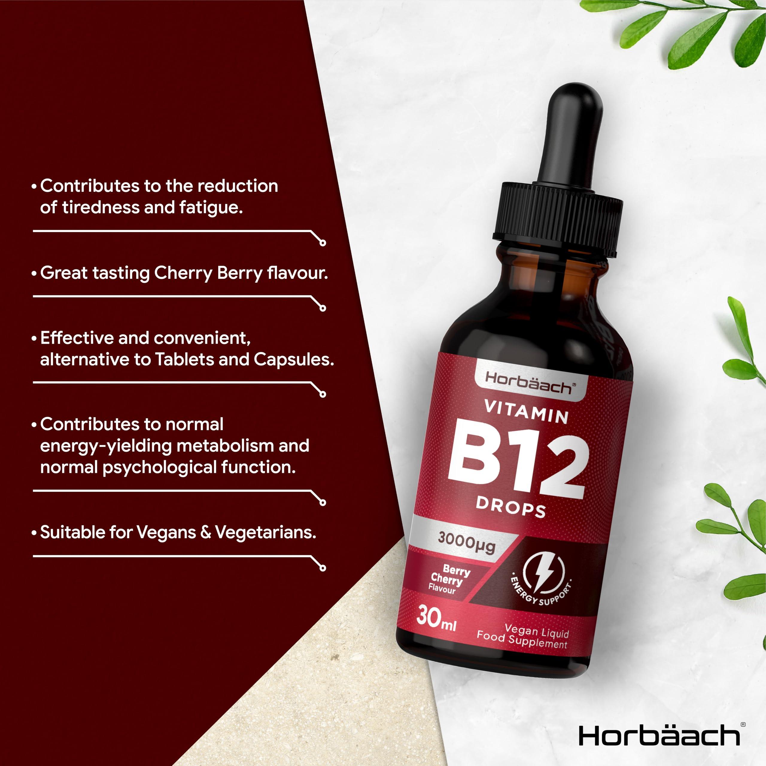 Horbach Vitamin B12 Drops High Strength 3000mcg | 30ml | Daily Oral Drop Supplement | Berry Cherry Flavoured Liquid | Suitable for Vegans & Vegetarians | by Horbaach