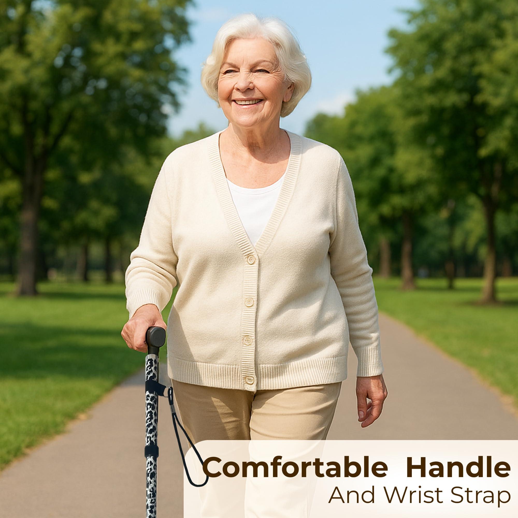 LIFE Life Healthcare Walking Stick for Women, for Elderly Or Disabled, Folding Adjustable Height, Right Or Left Handed, Non-Slip Rubber Tip, Wrist Strap, Lightweight (Black Leopard)