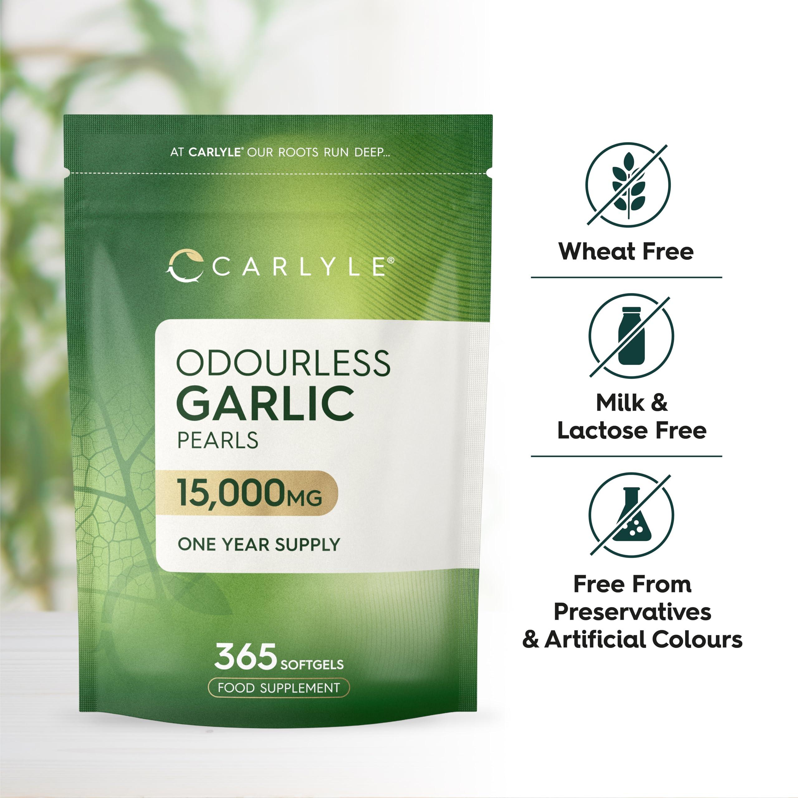 Carlyle Odourless Garlic Capsules 15,000mg | 365 Count (1 Year Supply) | High Strength Garlic Oil Pearls with Allicin | No Artificial Preservatives | by Carlyle
