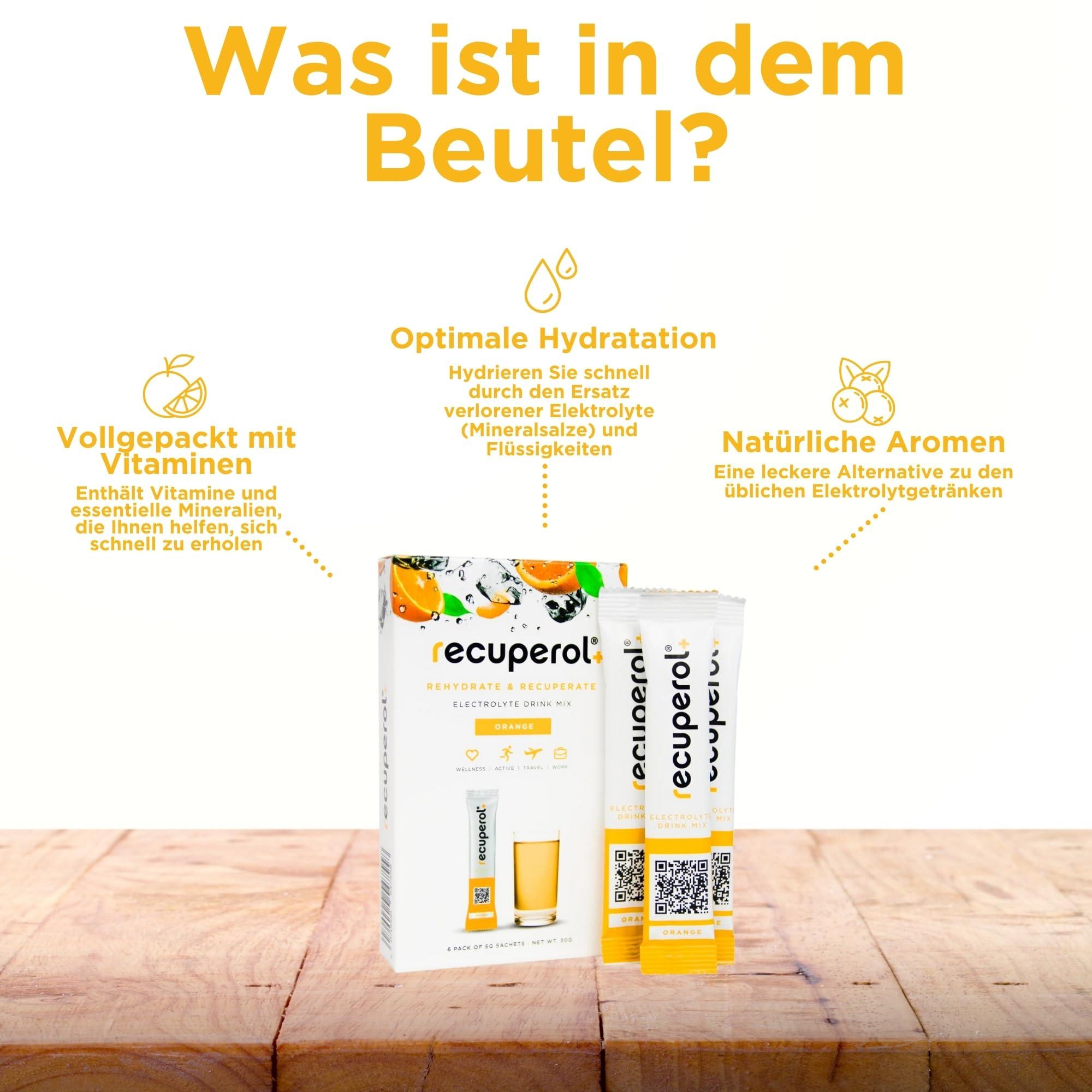 Recuperol Recuperol Electrolytes Sachets | Electrolytes Powder for Rehydration | 20 Sachets | Sugar-Free Hydration Powder | Zinc, Vitamin C, B12, D3, Potassium | Natural Orange Flavour