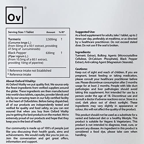 Ov OXFORD VITALITY Turmeric 2,500mg & Black Pepper 630mg Tablets | High Strength | 95% Curcuminoids | 10mg Piperine | for Inflammation Digestive Health & Joint Support |UK Made |Oxford Vitality