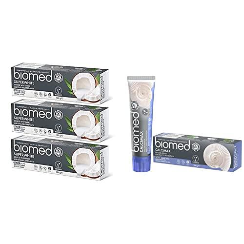 BIOMED Biomed Superwhite Natural Coconut Toothpaste, Tropical Flavour - 100 g (Pack of 3) & Calcimax Natural Toothpaste with Calcium for Enamel Restoration and Cavity Protection, Mint - 100 g (Pack of 1)