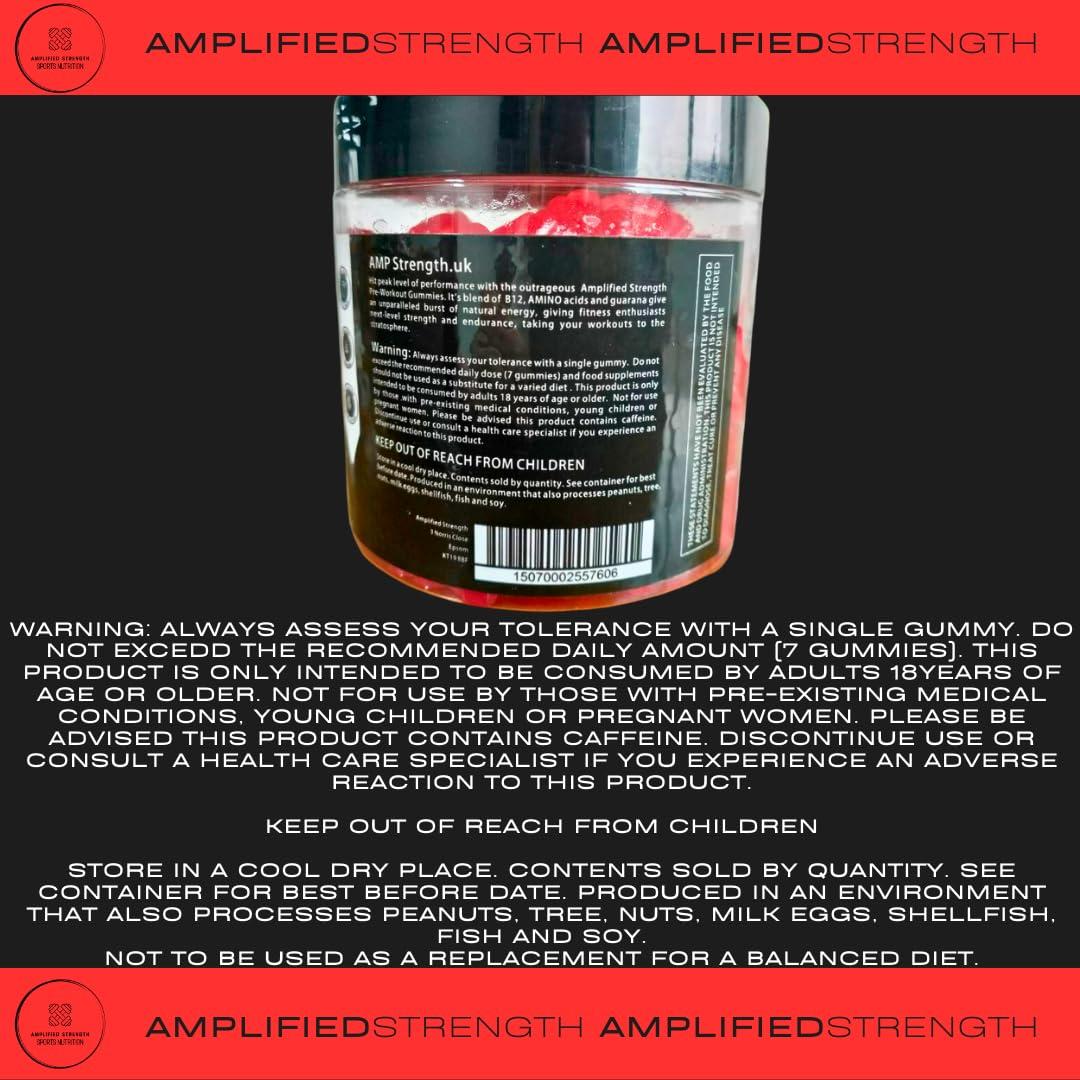 Amplified Strength Amplified Strength - Pre-Workout Gummies - 90 Gummies - Cherry Flavour - B12 - Amino - Guarana - Fitness - Workout - Gym