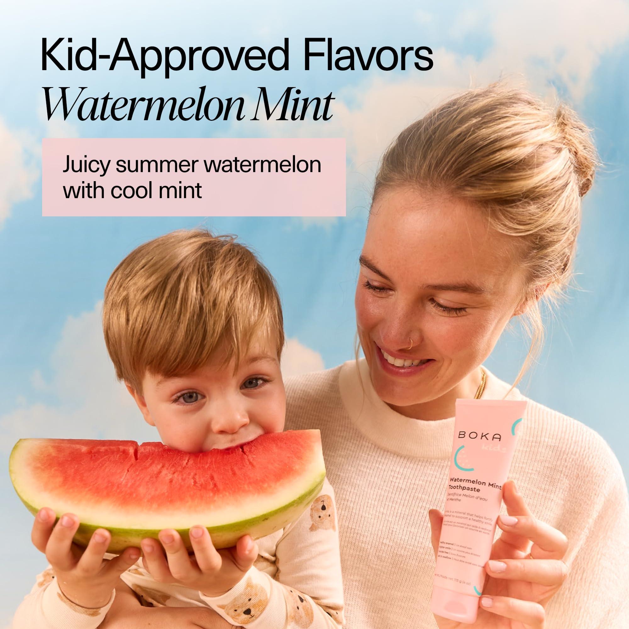 Boka Boka Natural Kids Toothpaste, Fluoride Free - Nano Hydroxyapatite for Remineralizing, Sensitive Teeth, & Whitening - Dentist Recommended Oral Care - Watermelon Mint, 120ml (Pack of 1) - Made in USA