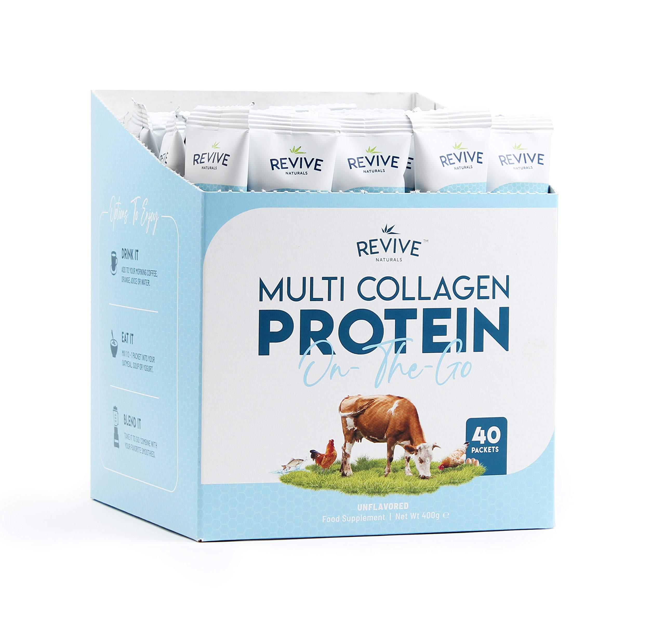 Revive Naturals Multi Collagen Protein Powder Packets - Types I, II, III, V & X - Hydrolyzed Grass Fed Bovine, Wild Caught Fish, & Free-Range Chicken & Eggshell Collagen. Non-GMO, Halal, (10g Each, 40 Packets)