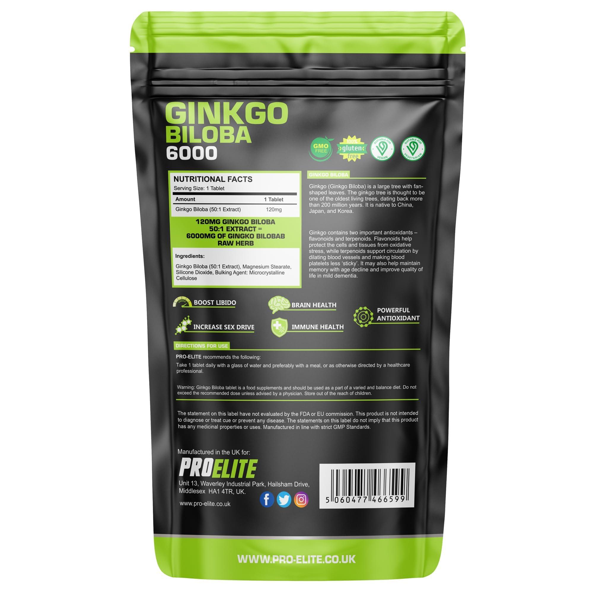 PROELITE Ginkgo Biloba 6000mg - High Strength Vegan Ginkgo Biloba Leaf Extract 180 Tablets 50:1 Extract ? Gluten Free, GMO Free - Made in UK by PROELITE