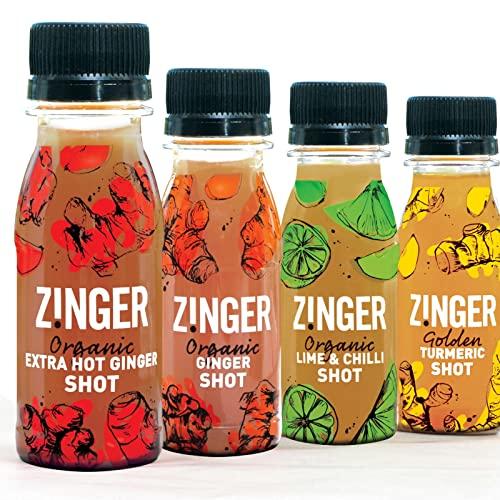 Zinger Zinger extra hot ginger shot (Pack of 15 x 70ml). Organic plant based shot with 27.9g of pressed ginger juice. Natural kick in a pocket-sized format with no added sugar.