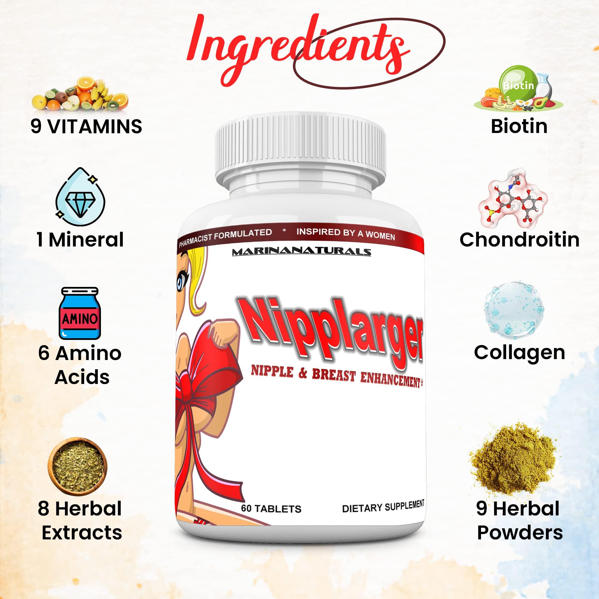 MARINANATURALS NIPPLARGER Nipple Enlargement, Breast Enlargement, Skin Tightening Enjoy Larger, Fuller, Firmer Nipples and Breasts. 60 Tablets.