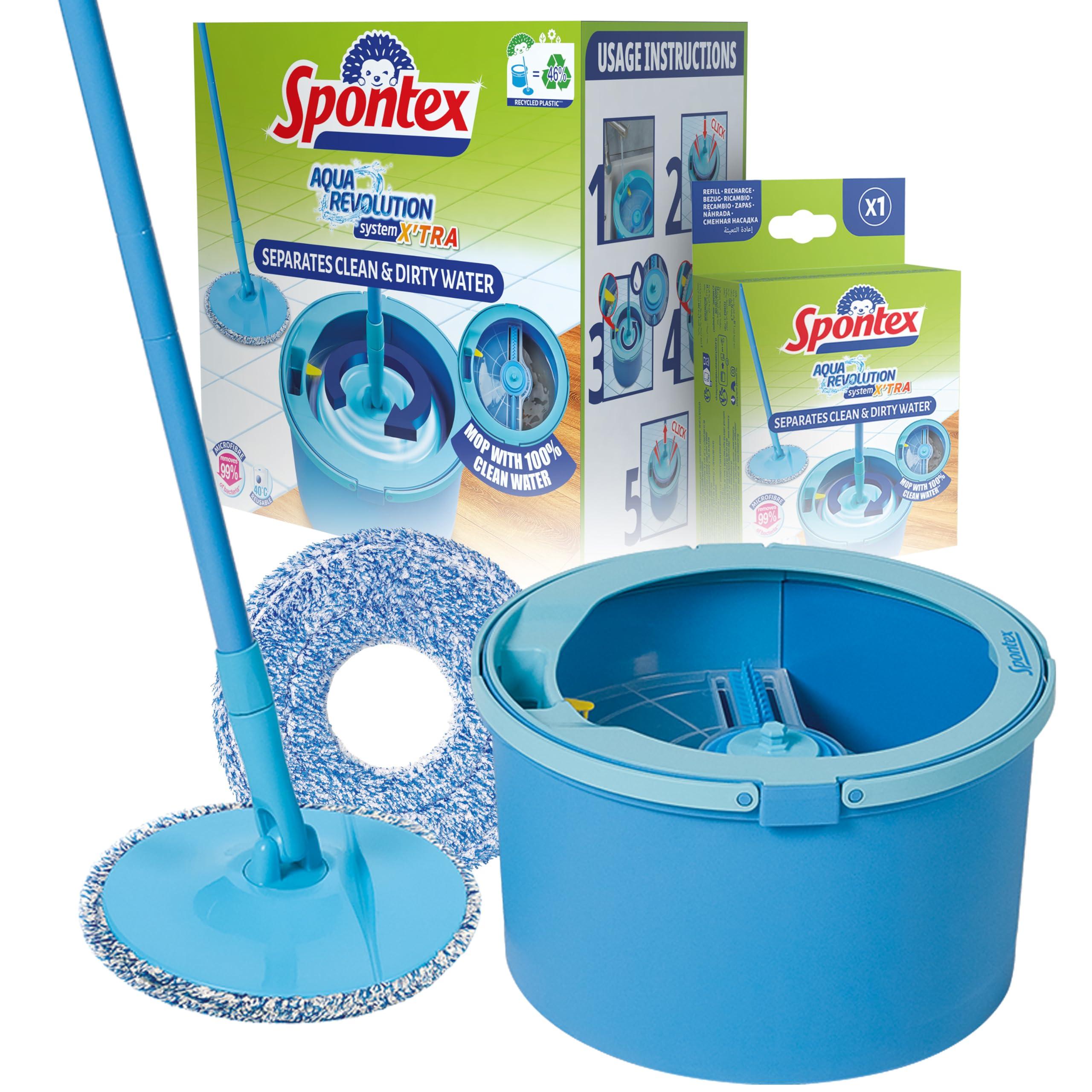 Spontex Spontex Aqua Revolution System X\'tra Floor Mop and Bucket Set with Free Refill | Cleans Laminate, Wood & Tile Flooring | Flat Spin Mop with Microfibre Mop Head Refills, packaging may vary