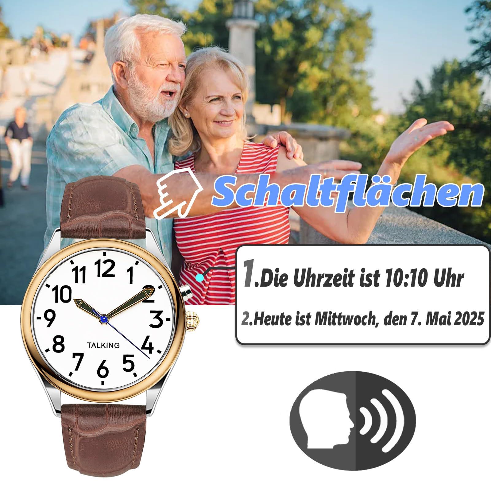 MAUJOY MAUJOY Talking Watch for Men for Blind Seniors with Visual Impairment, Loud and Clear Voice, Speaks German, Brown-a, Modern