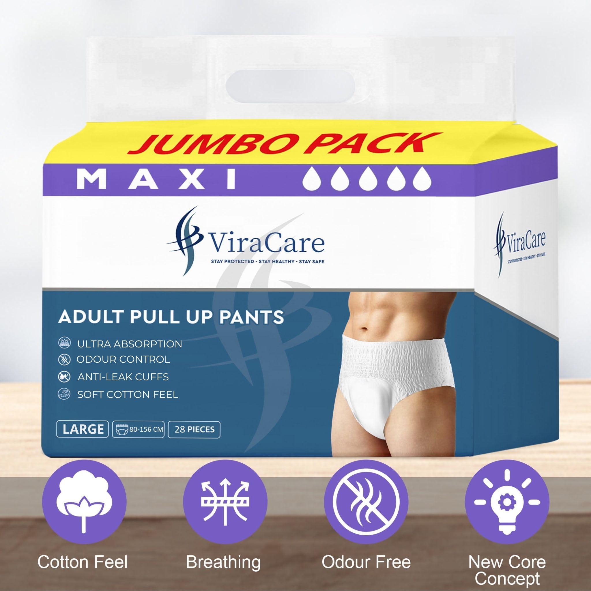 ViraCare 28 x Incontinence Maxi Pants Women and Men | Adult Pull Ups | Adult Nappies | Maxi Absorbency and Odour Free | Adults Pants | Waist Size Large 80-156 cm | (Large)