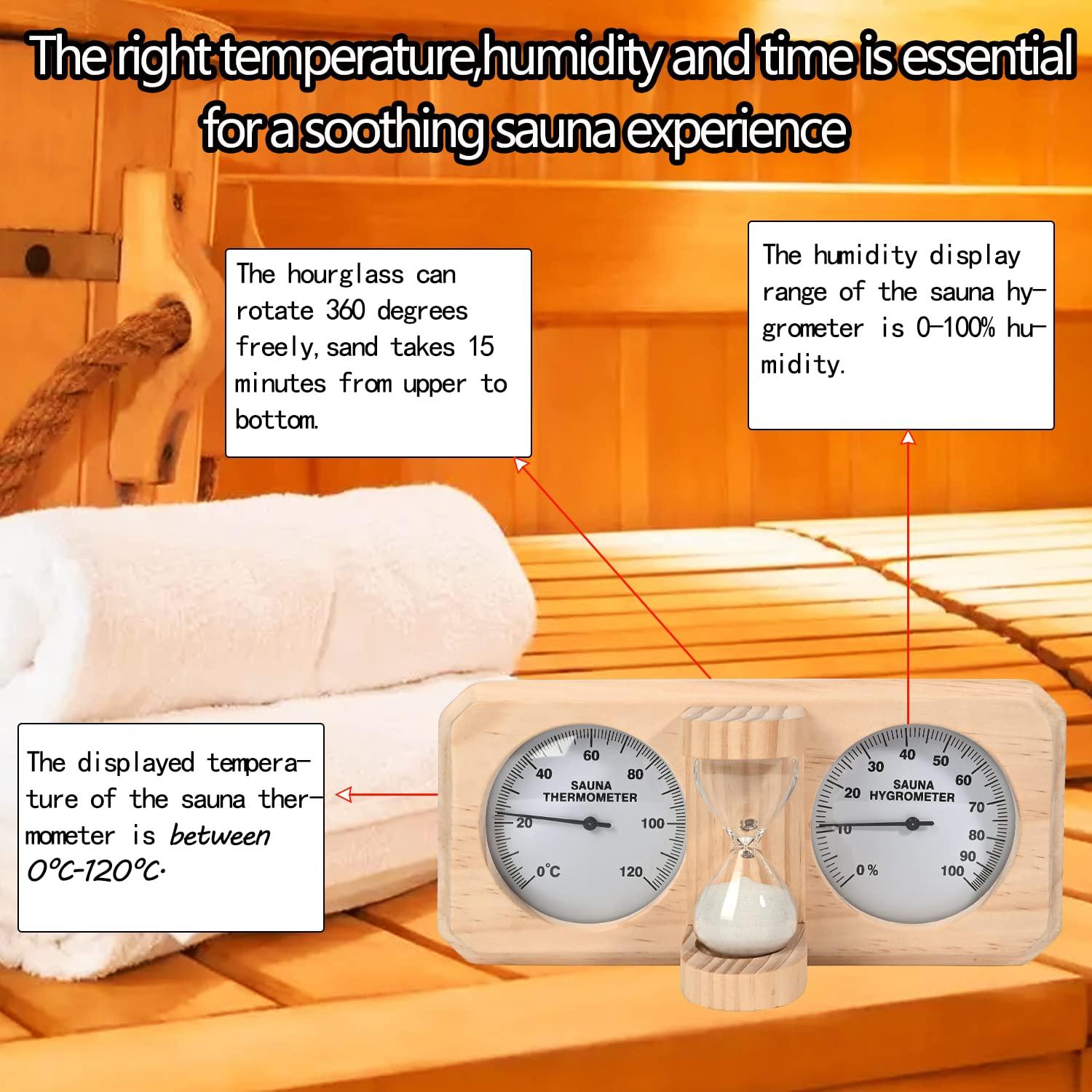 ikare ikare Sauna Thermometer and Hygrometer - 3 in 1 Wooden Sauna 15 Minute Hourglass Sand Timer, Wall-Mounted Sauna Room Accessories