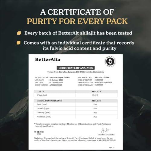 Better Alt Better Alt Pure Himalayan Shilajit Resin High Potency Gold Grade for Men & Women| 75 Servings for Energy Boost & Immune Support, 75%+ Fulvic Acid, with Lab Test Report,400mg