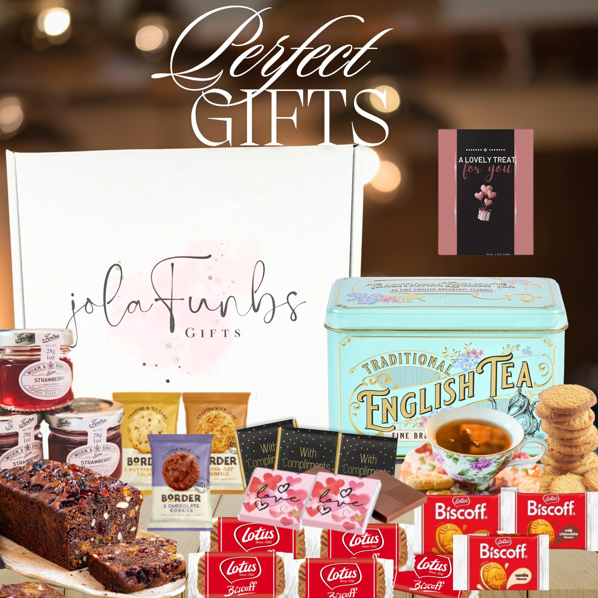 JOLAFUNBS The English Morning Tea Gift Set hamper, Morning English Tea Bags,Border Biscuits,Lotus Biscoff Biscuit, Fruit Cake,Mini Jam, Christmas Chocolate&Cards Valentine, Birthday Hampers for Women Food Gifts