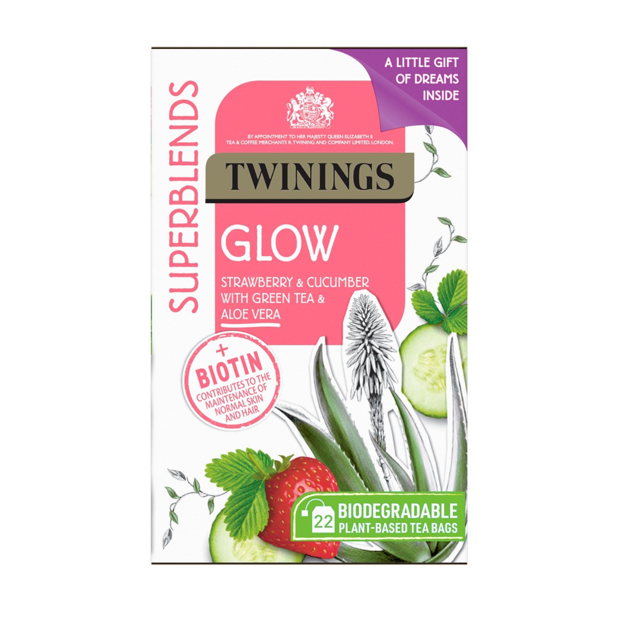 Twinings Twinings Superblends Glow Tea - Strawberry & Cucumber Green Tea with Aloe Vera & Biotin for Skincare & Hair Care, 88 Biodegradable Tea Bags (4x22) with 2 Sweet Dream Tea Bags