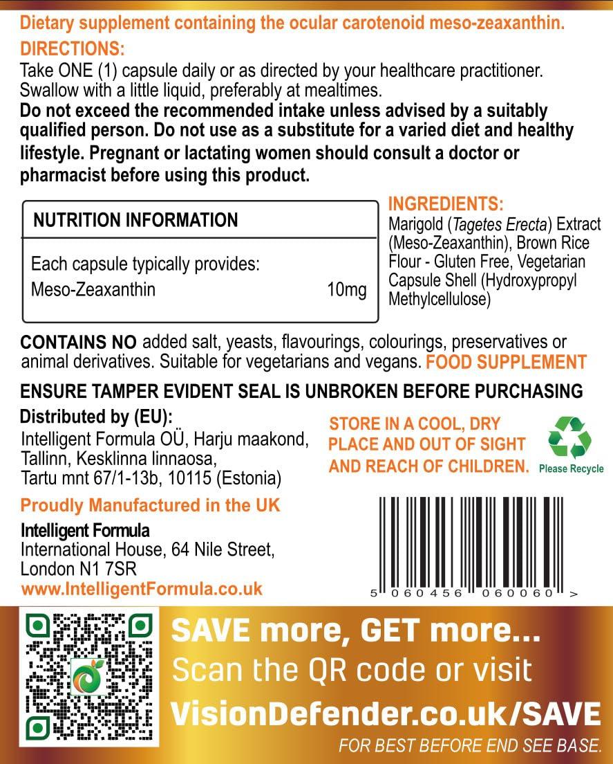 Intelligent Formula Meso Zeaxanthin Supplement - VISION DEFENDER MZ High Strength Eye Vitamins Nutrients & Antioxidant Carotenoid for Ocular Health, Eye Care & Eyesight Support Vegan (90 capsules/One-A-Day) Made in UK