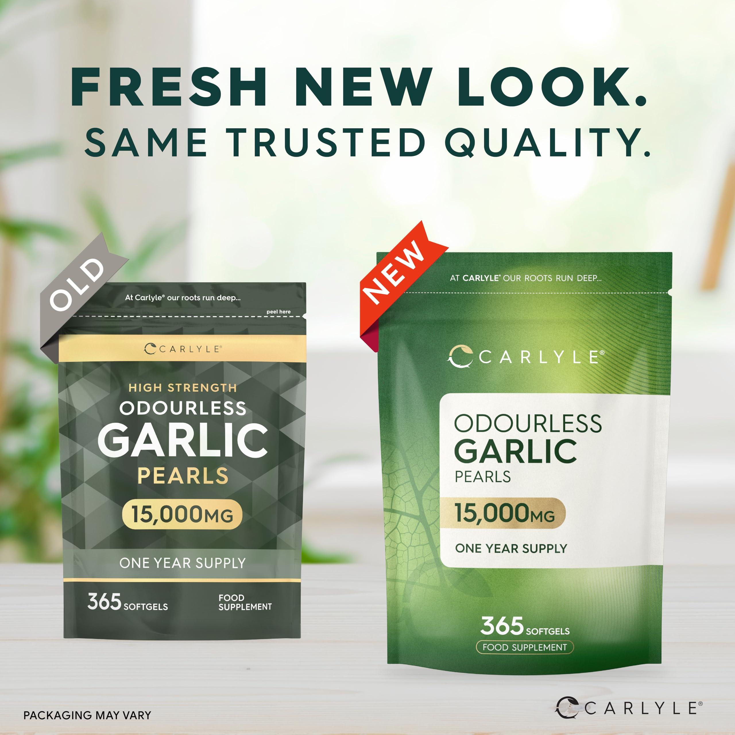 Carlyle Odourless Garlic Capsules 15,000mg | 365 Count (1 Year Supply) | High Strength Garlic Oil Pearls with Allicin | No Artificial Preservatives | by Carlyle