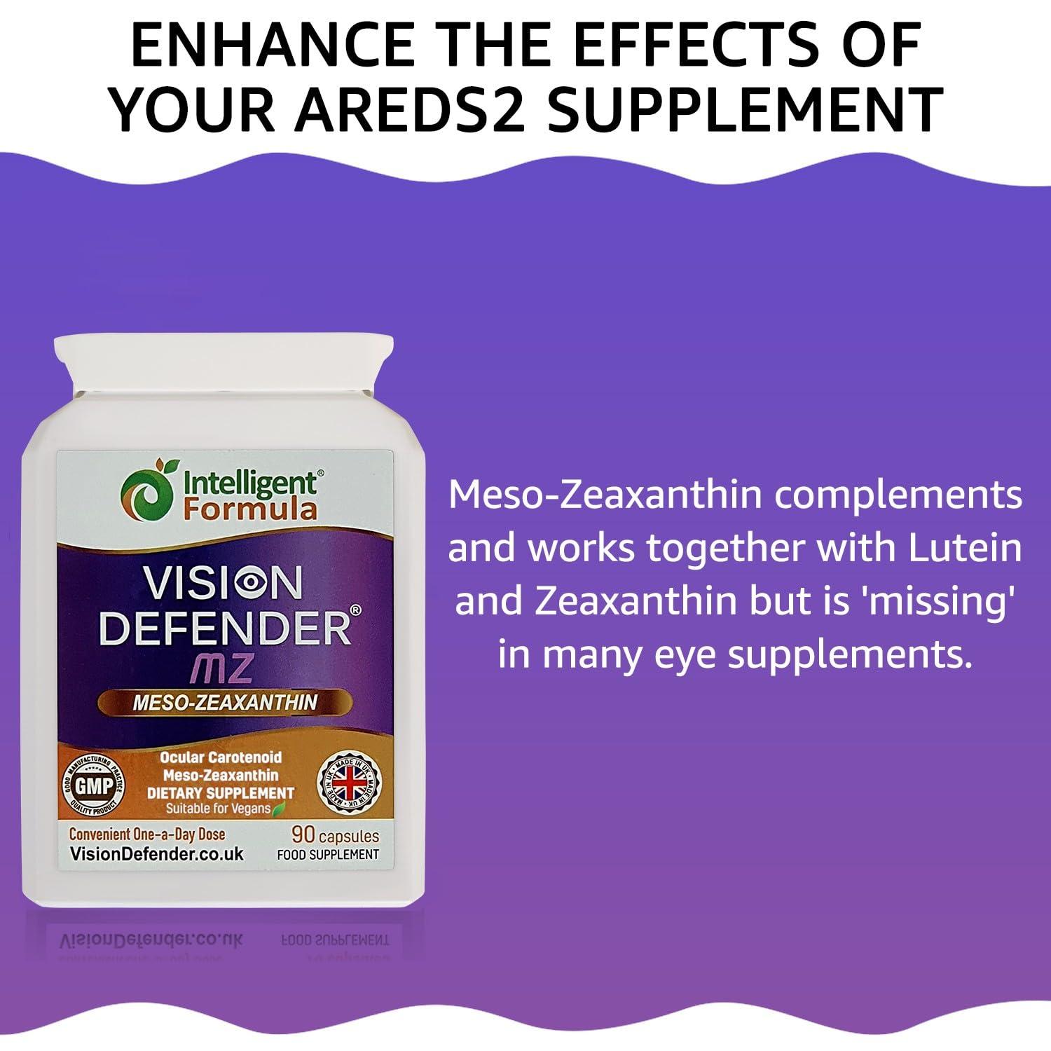 Intelligent Formula Meso Zeaxanthin Supplement - VISION DEFENDER MZ High Strength Eye Vitamins Nutrients & Antioxidant Carotenoid for Ocular Health, Eye Care & Eyesight Support Vegan (90 capsules/One-A-Day) Made in UK